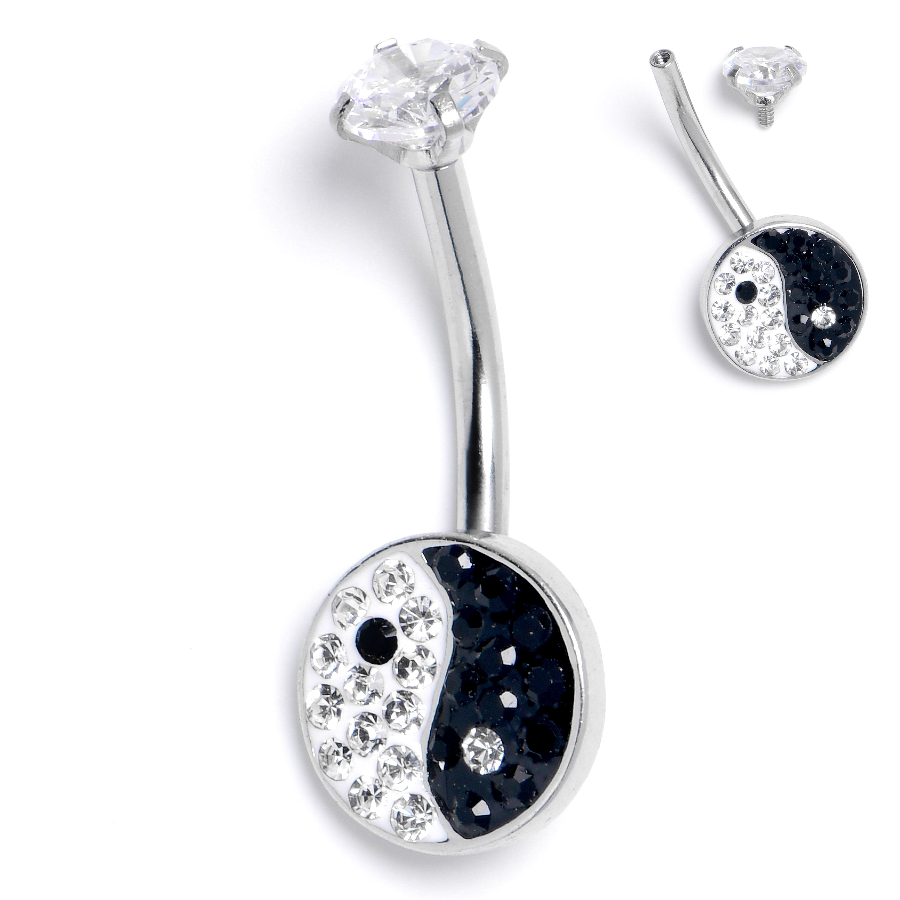 Clear Black CZ Gem Internally Threaded Yin Yang Grace Belly Ring