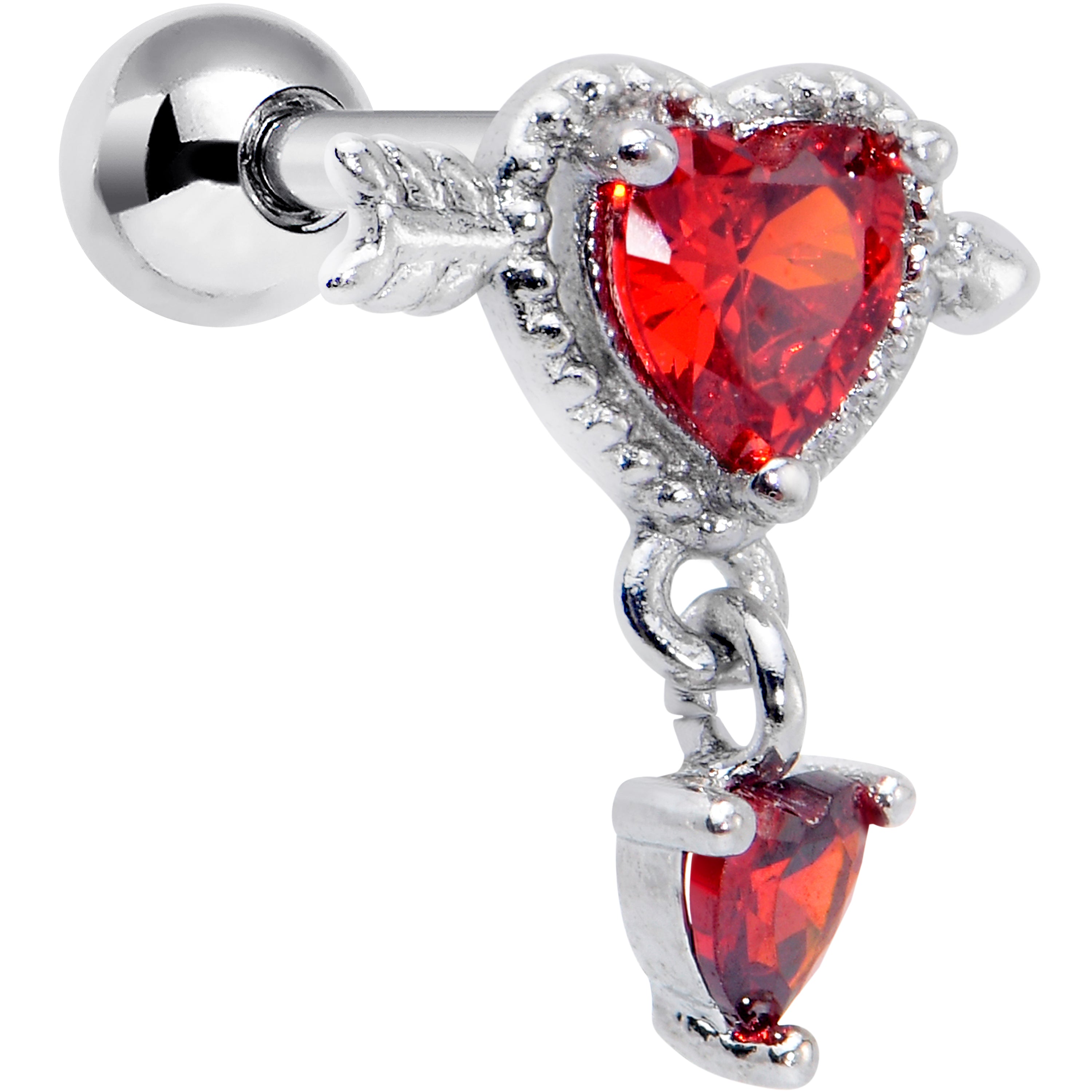 16G 1/4 Red Gem Fusion of Love Arrow Heart Cartilage Earring