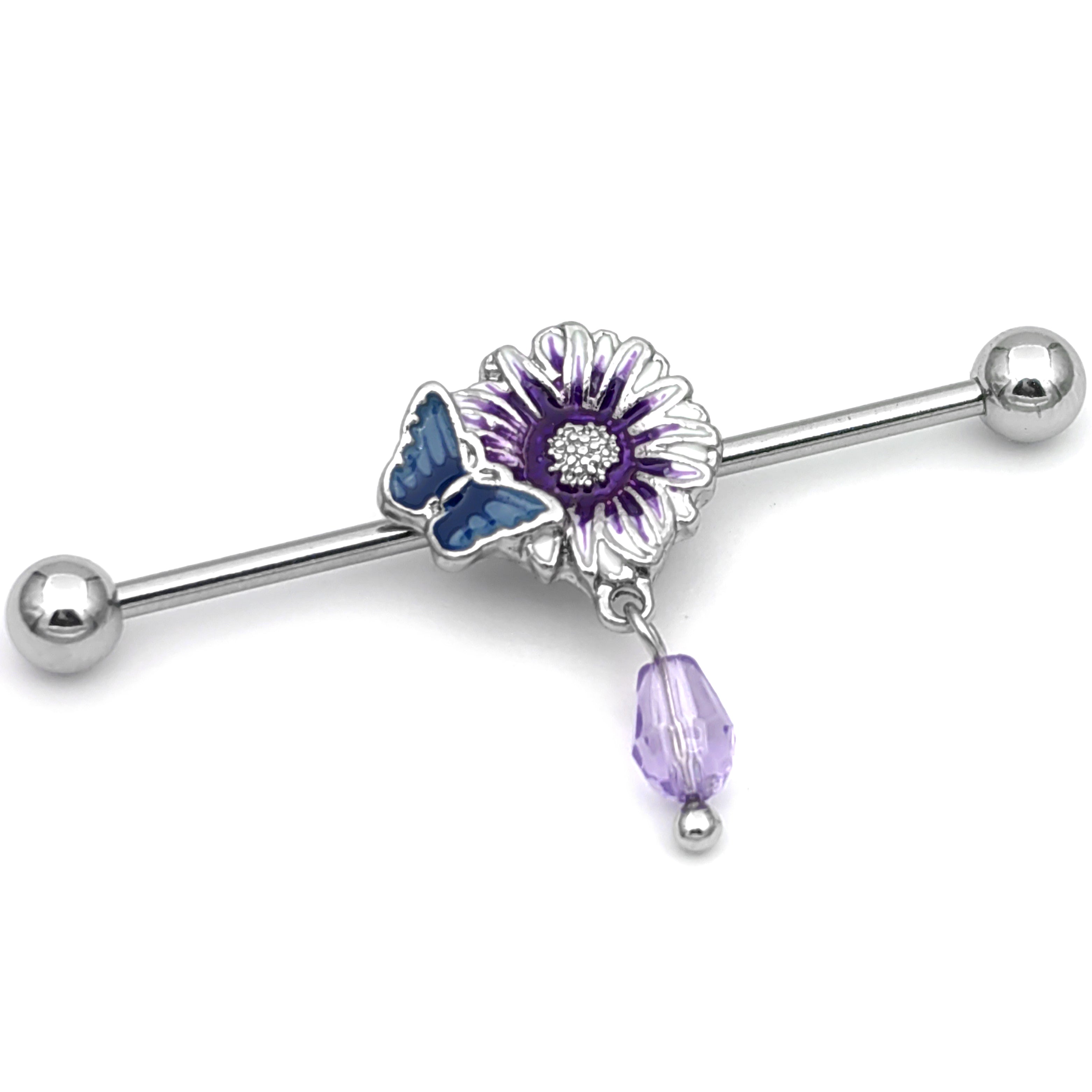 14G Purple Gem Passion Flower Dangle Industrial Barbell 38mm