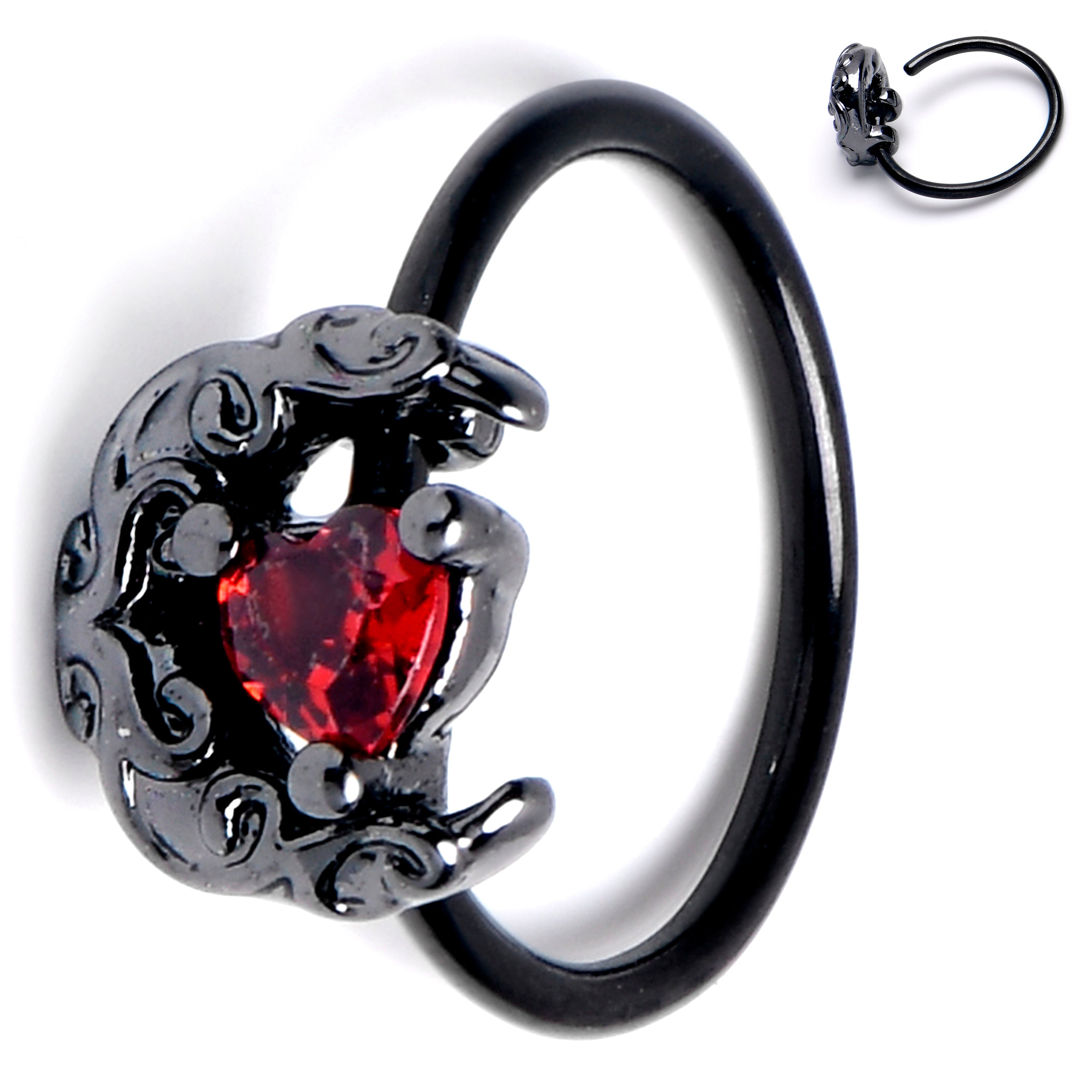 20G 5/16 Red Gem Black Scroll Moon Heart Nose Hoop
