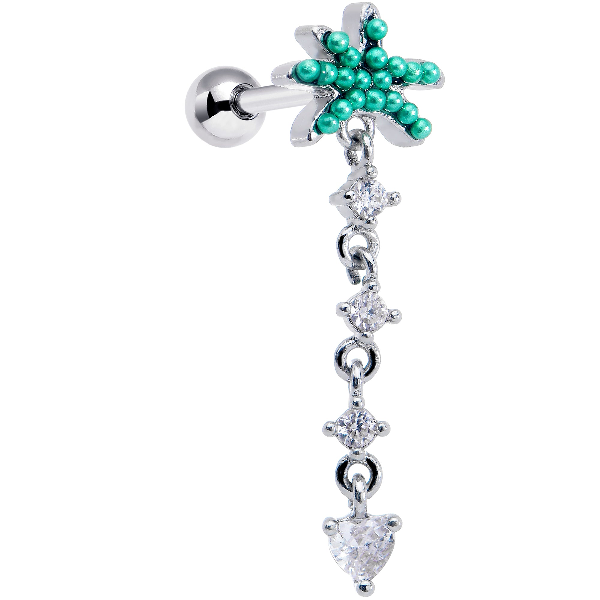 16G 1/4 Clear CZ Gem Palm Tree Love Dangle Cartilage Tragus Earring