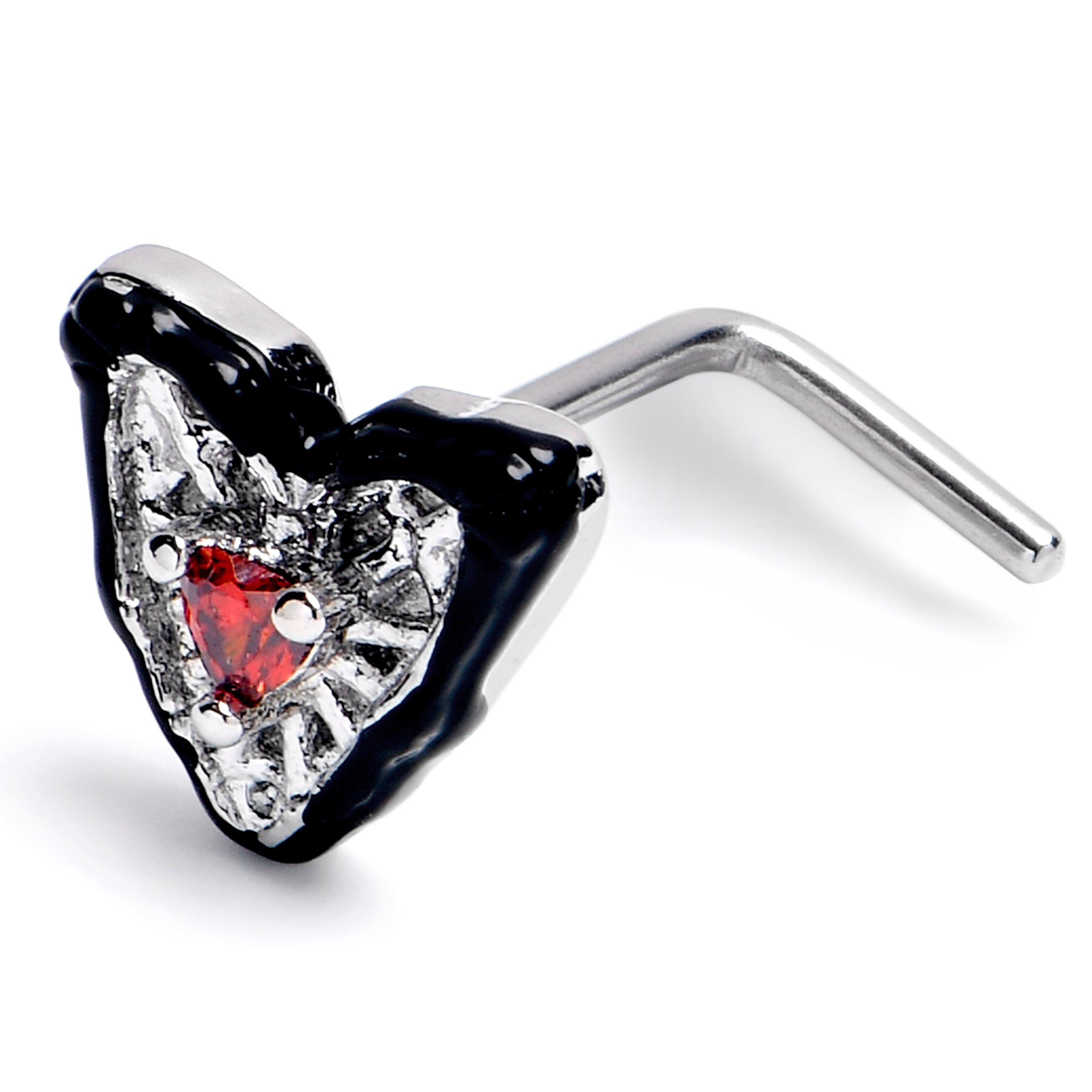 20G 1/4 Red CZ Gem Captured Heart L Shape Nose Ring