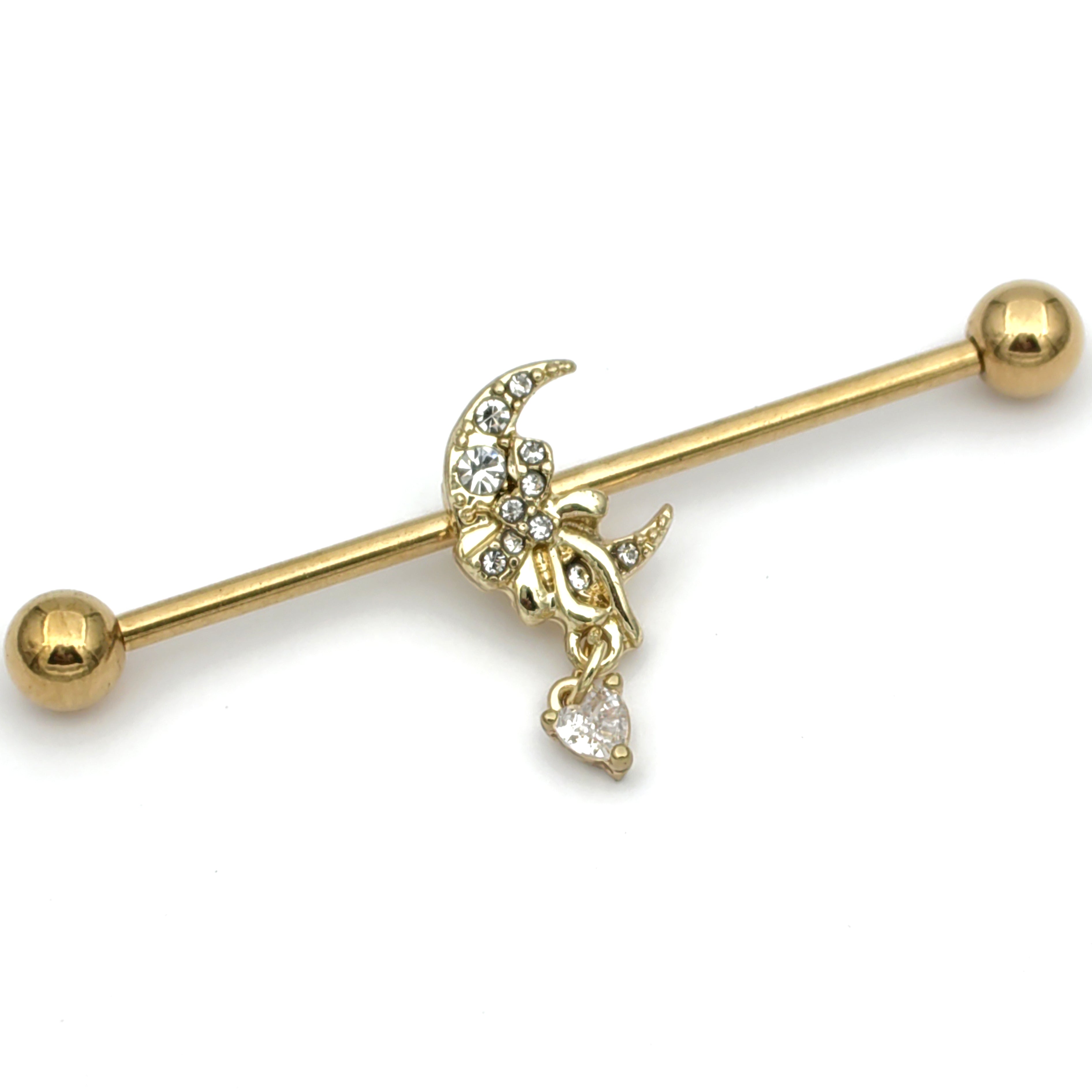 14G Clear CZ Gem Gold Tone Moon Bow Heart Industrial Barbell 38mm