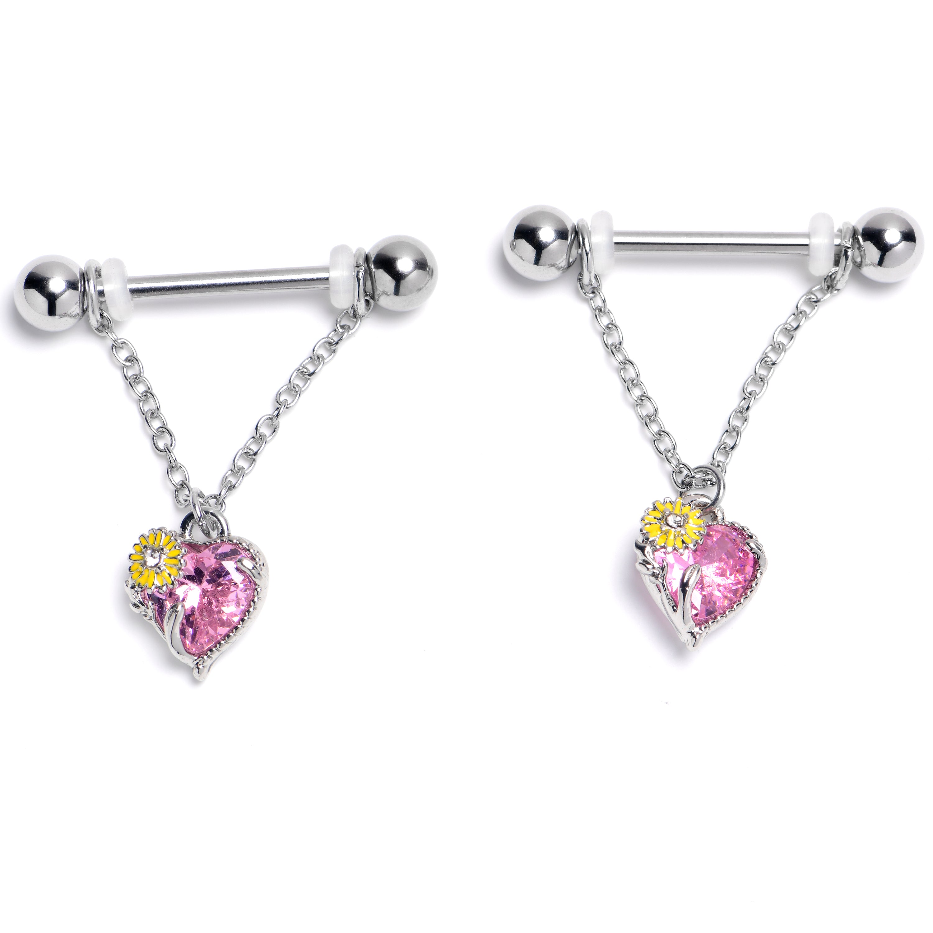 14G 9/16 Pink CZ Gem Sunflower Heart Love Dangle Nipple Ring Set