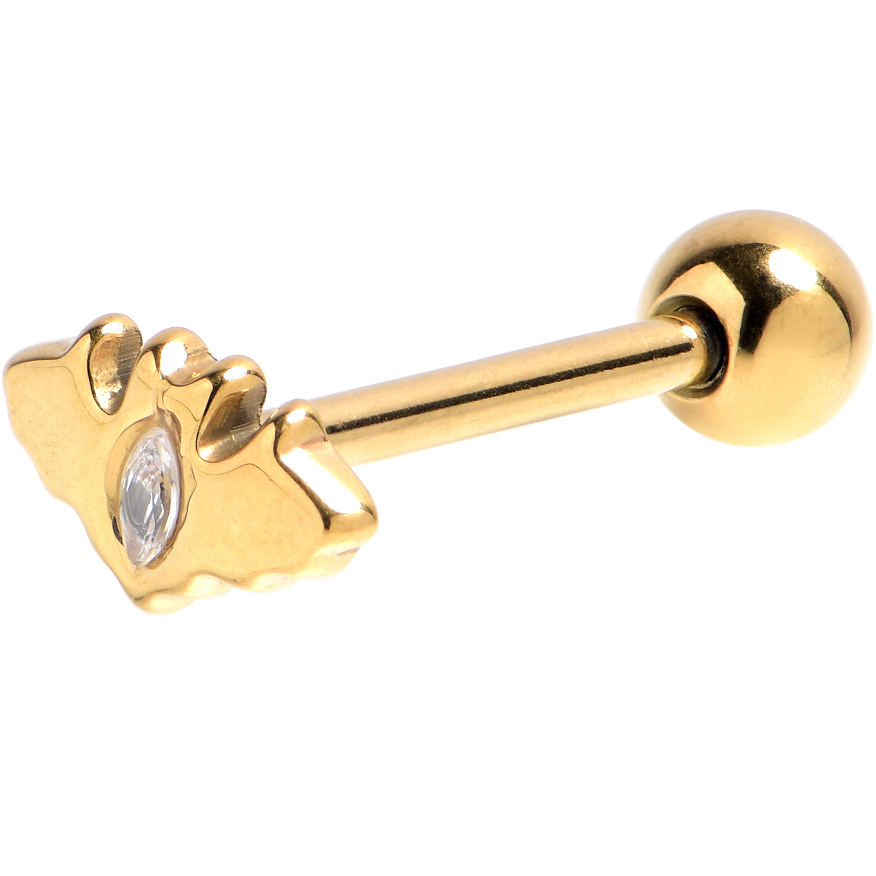 Clear CZ Gem Gold Tone Swooping Bat Barbell Tongue Ring