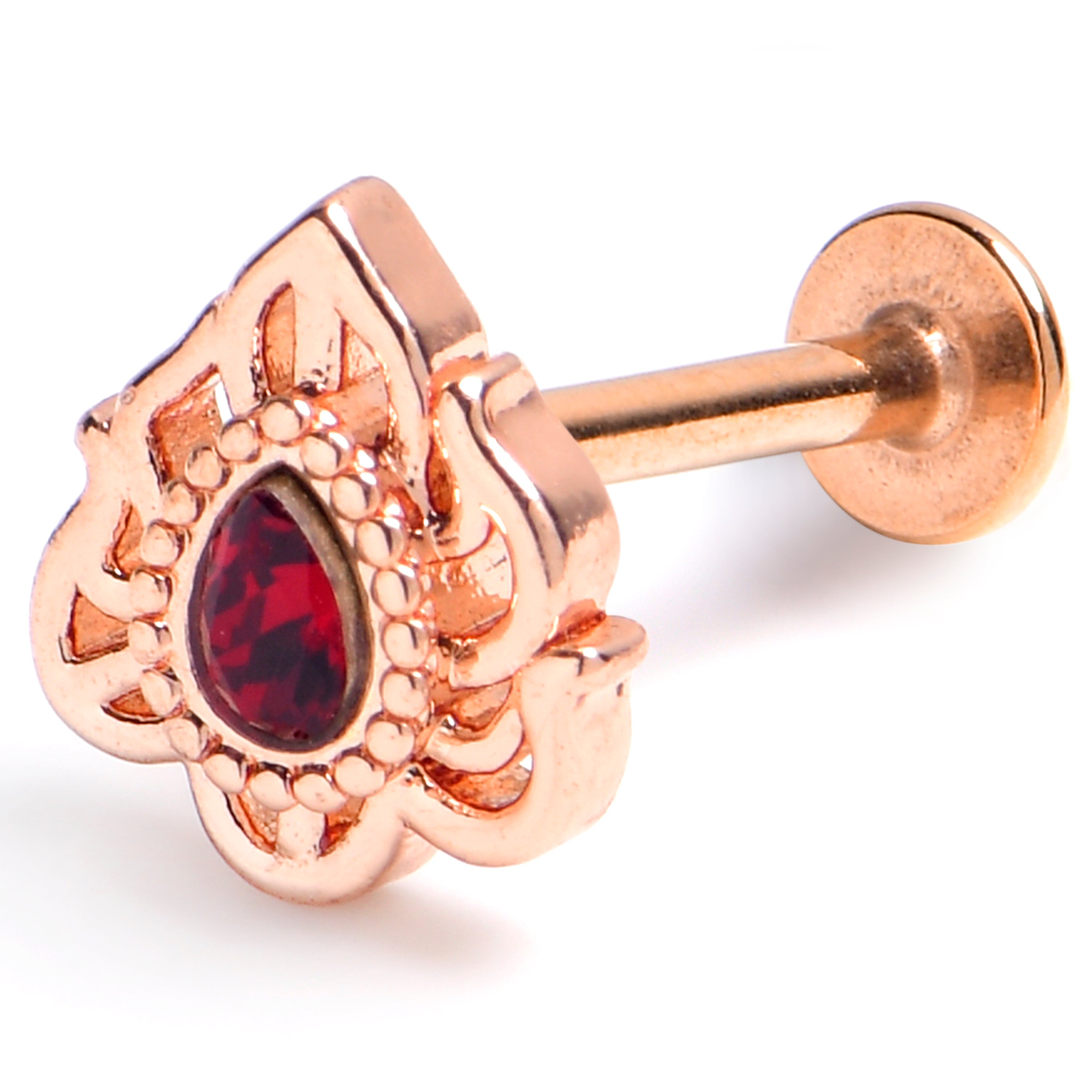 16G 5/16 Red Gem Rose Gold Tone Firey Flame Labret Monroe Tragus