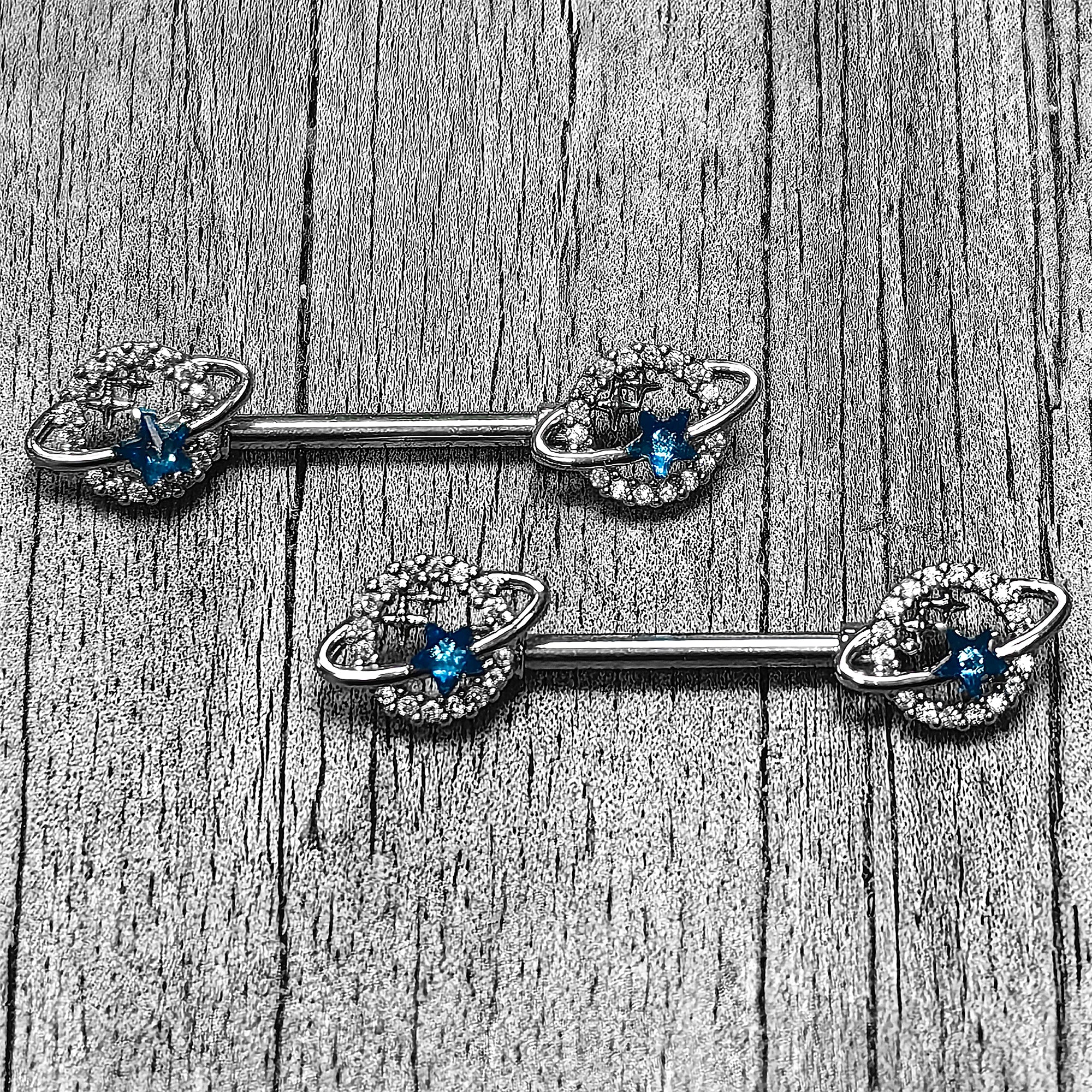 14G 9/16 Clear Blue Gem Starry Skies Barbell Nipple Ring Set