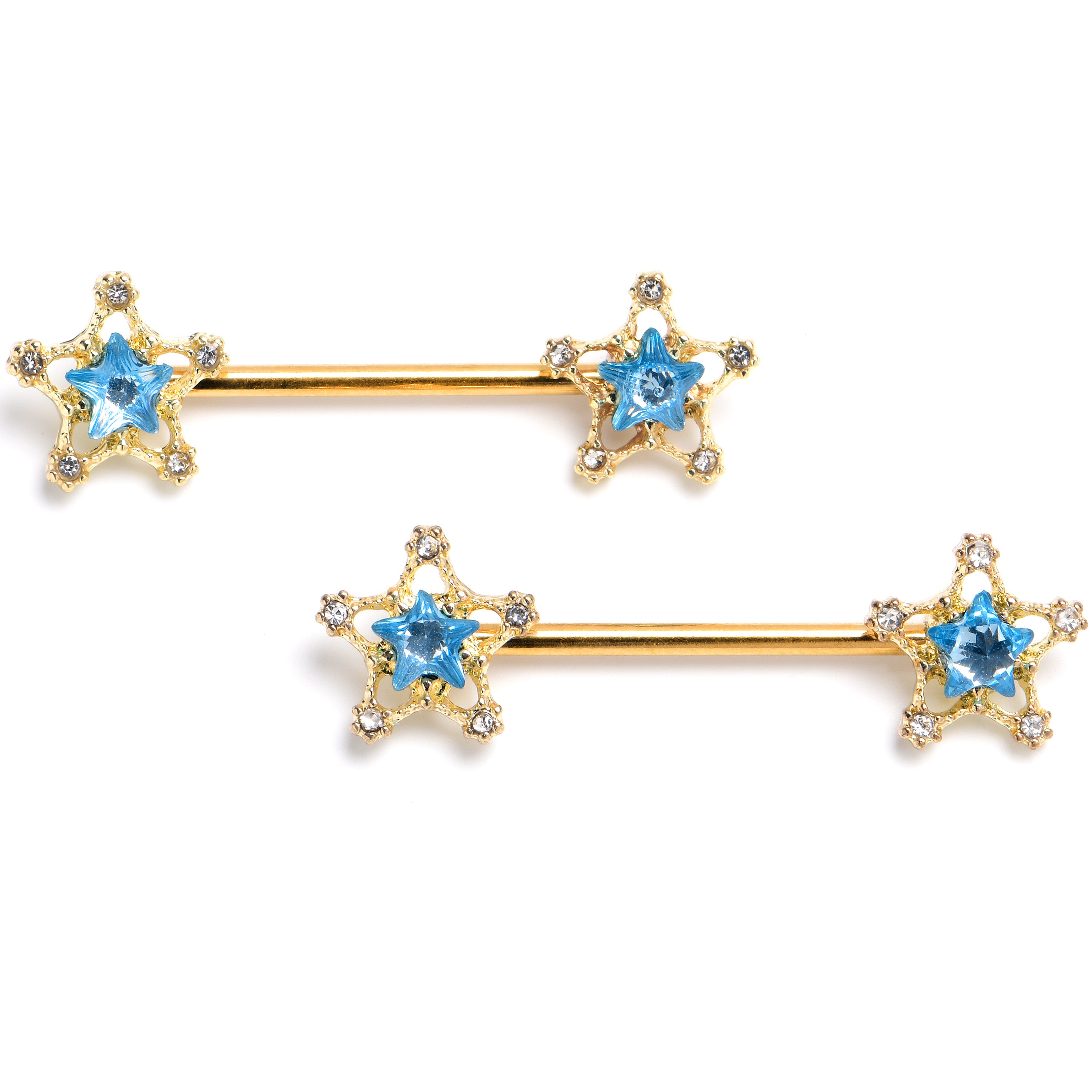 14 Gauge Blue Gem Gold Tone Starry Glam Barbell Nipple Ring Set
