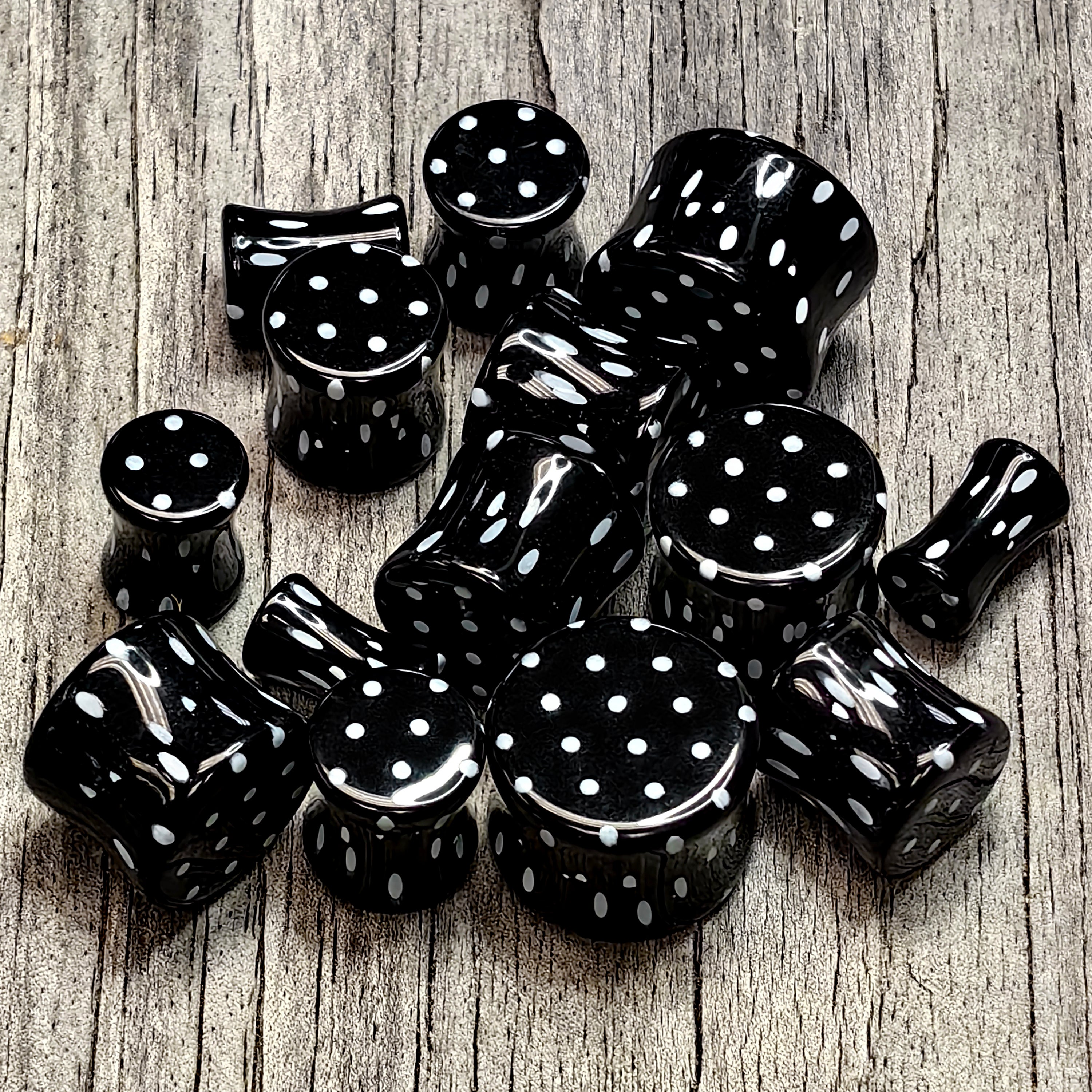 Black Acrylic Polka Dots White Double Flare Plug Set