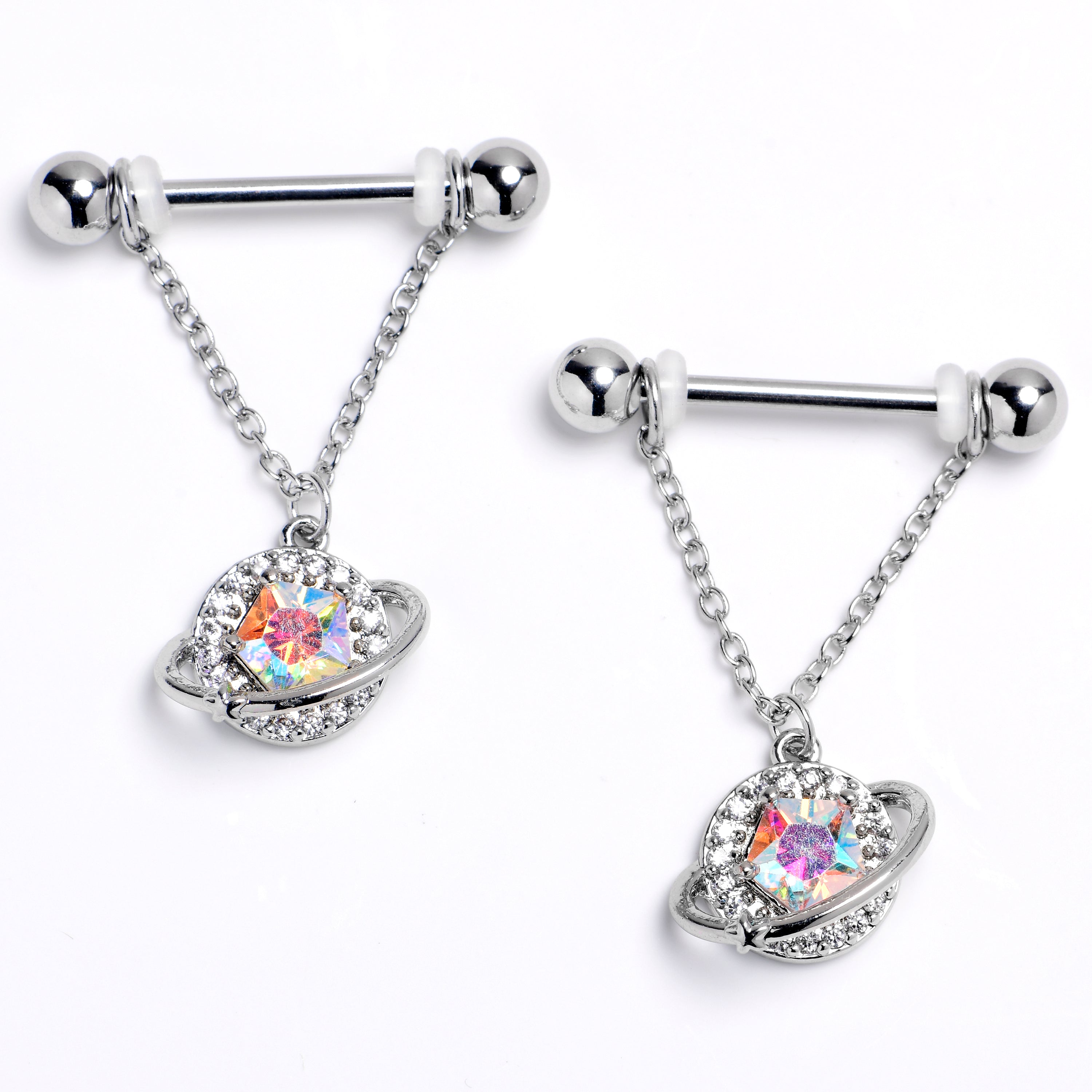 14G 9/16 Aurora CZ Gem Textured Saturn Dangle Nipple Ring Set