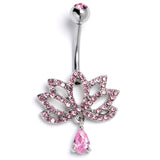 Pink CZ Gem Internally Threaded Lotus Fashion Flower Dangle Belly Ring
