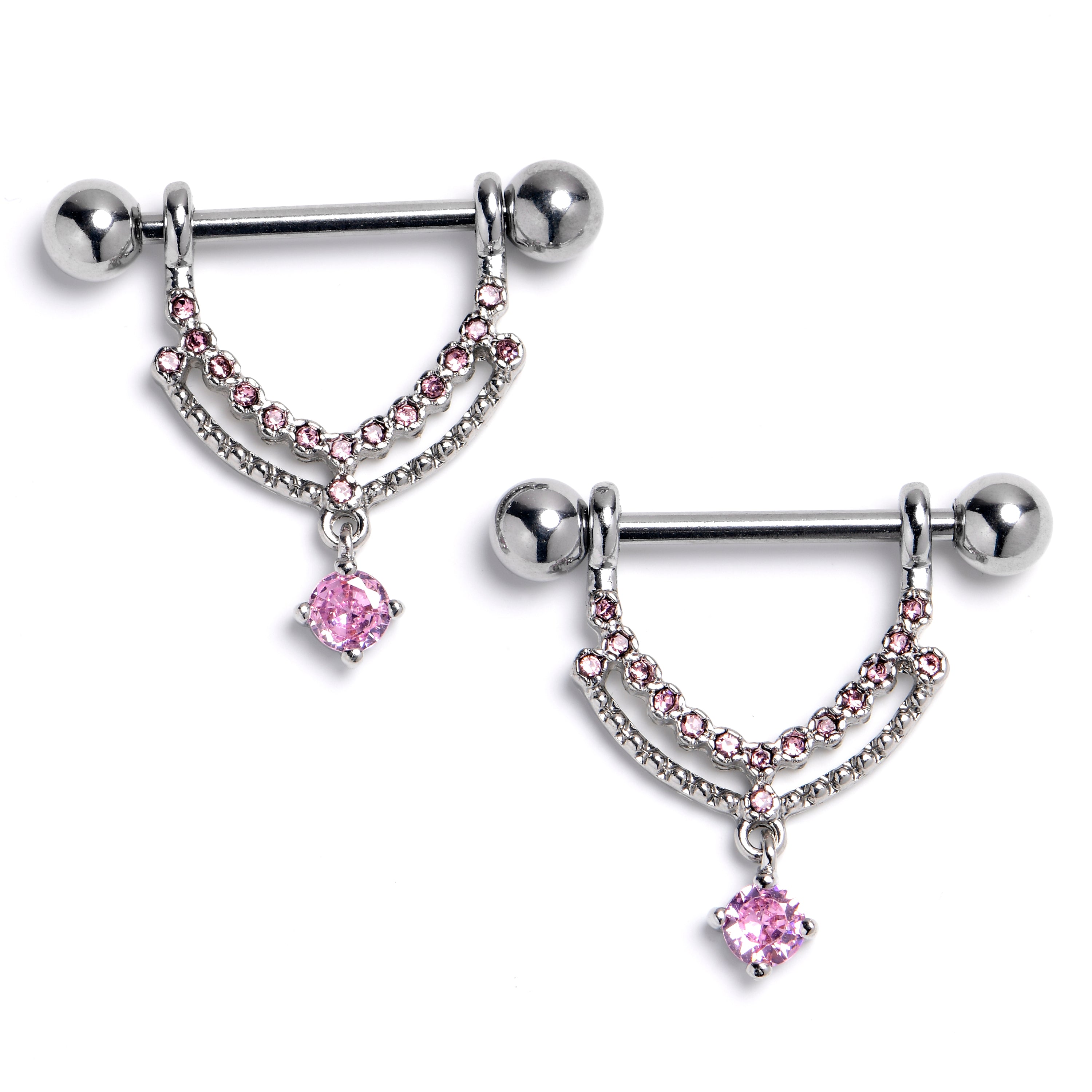 14G 9/16 Pink CZ Gem Double Curves Dangle Nipple Ring Set