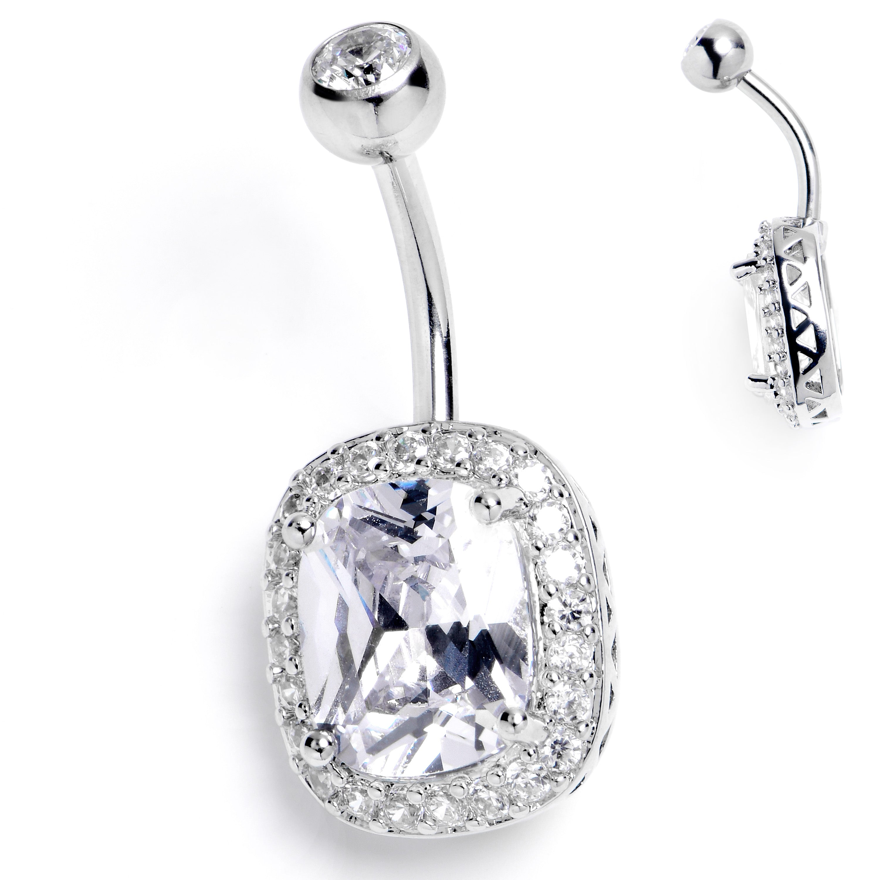 Clear CZ Gem Rococo Square Belly Ring
