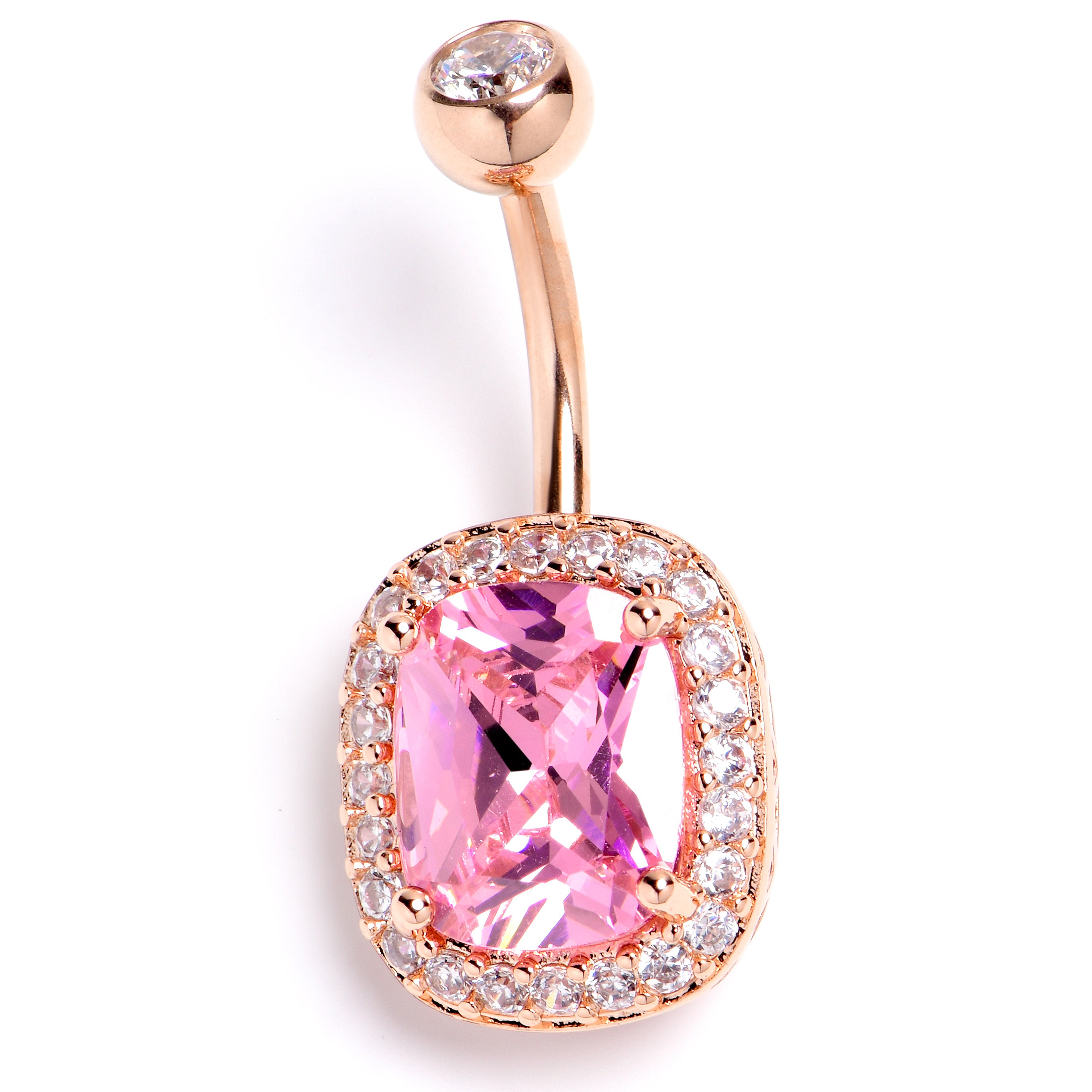 Clear Pink CZ Gem Rose Gold Tone Rococo Square Belly Ring
