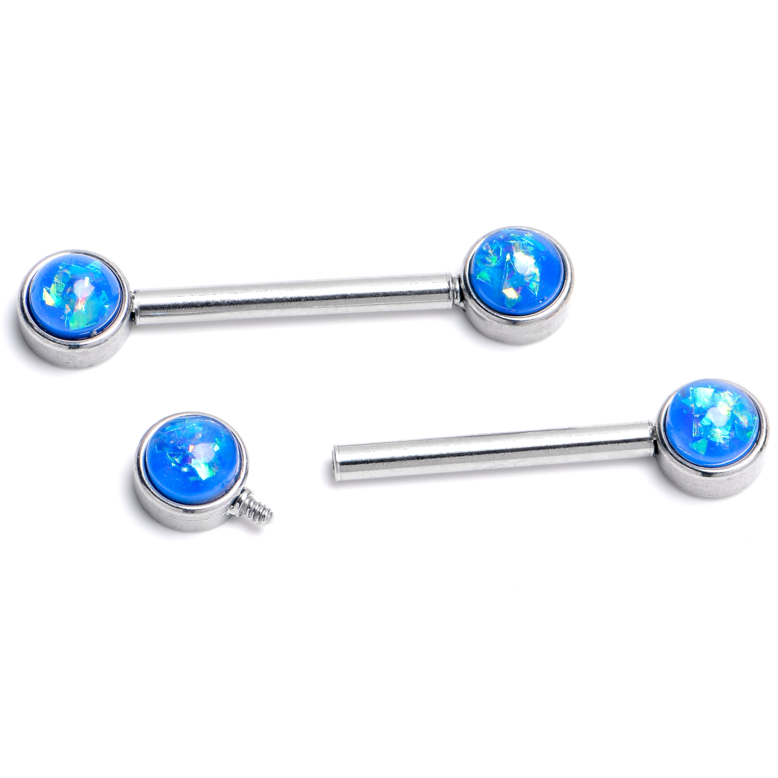 14G 9/16 Blue Faux Opal Internally Threaded Barbell Nipple Ring Set