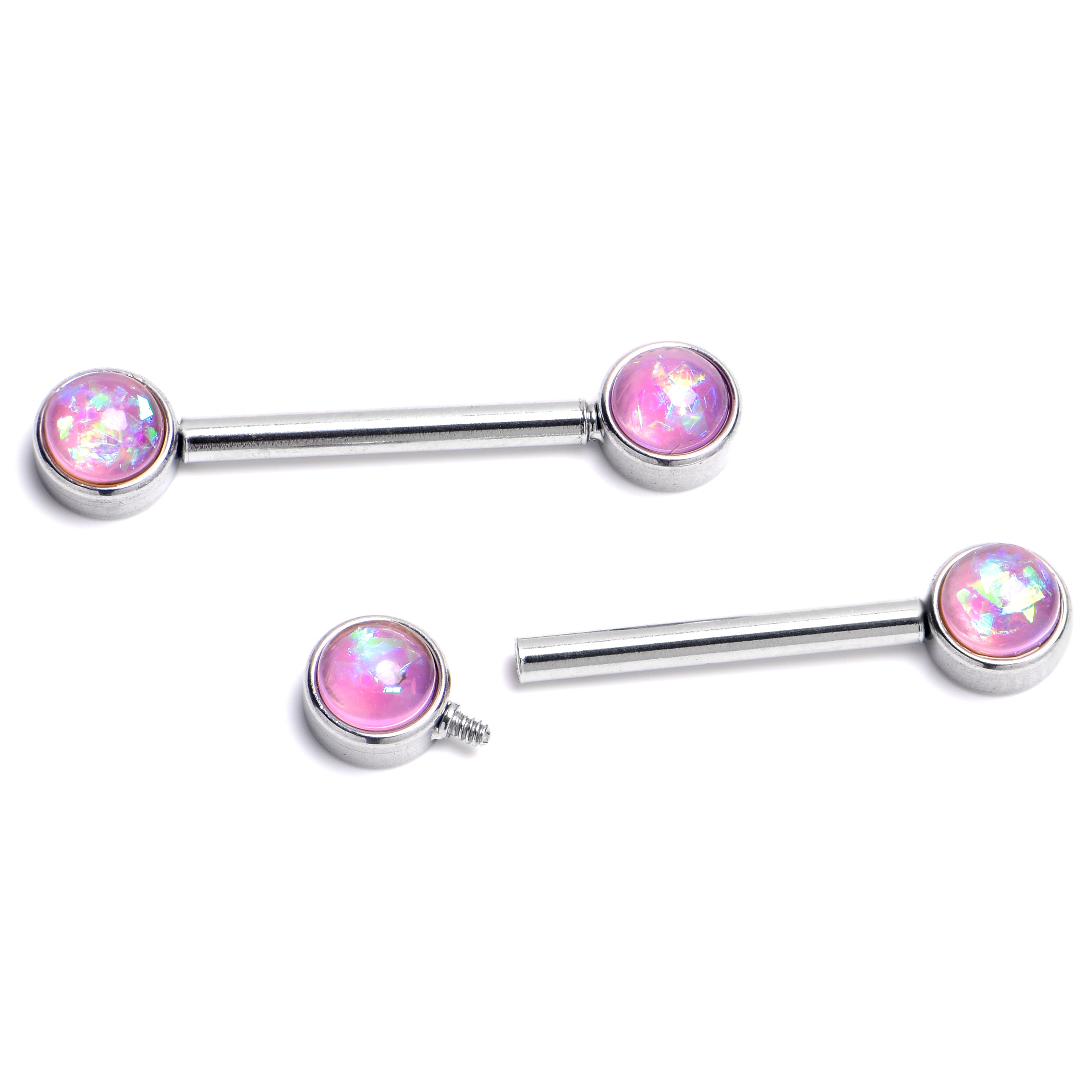 14G 9/16 Pink Faux Opal Internally Threaded Barbell Nipple Ring Set