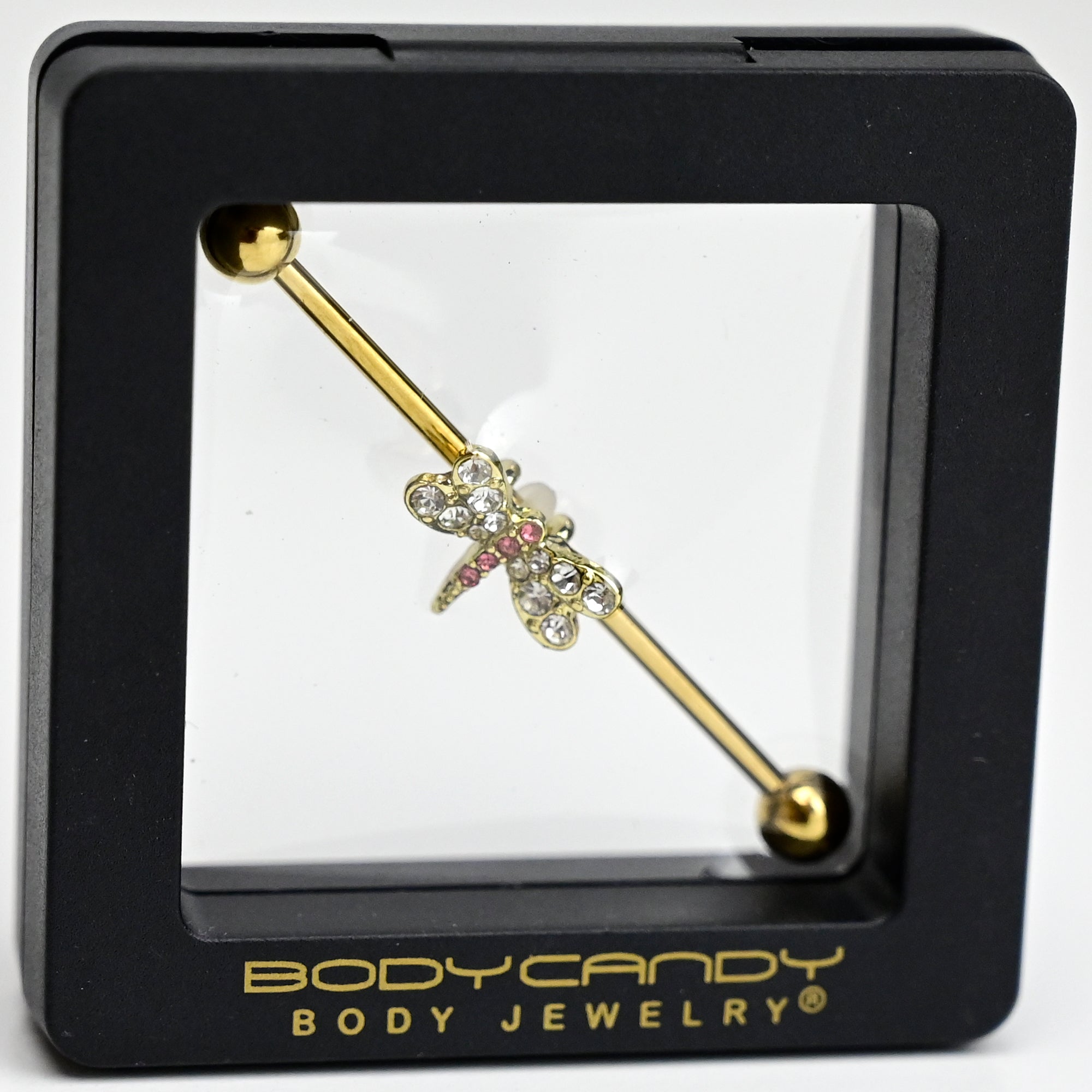 14G Pink Clear Gem Gold Tone Dragonfly Industrial Barbell 38mm