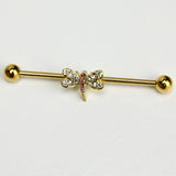 14 Gauge Pink Clear Gem Gold Tone Dragonfly Industrial Barbell 38mm