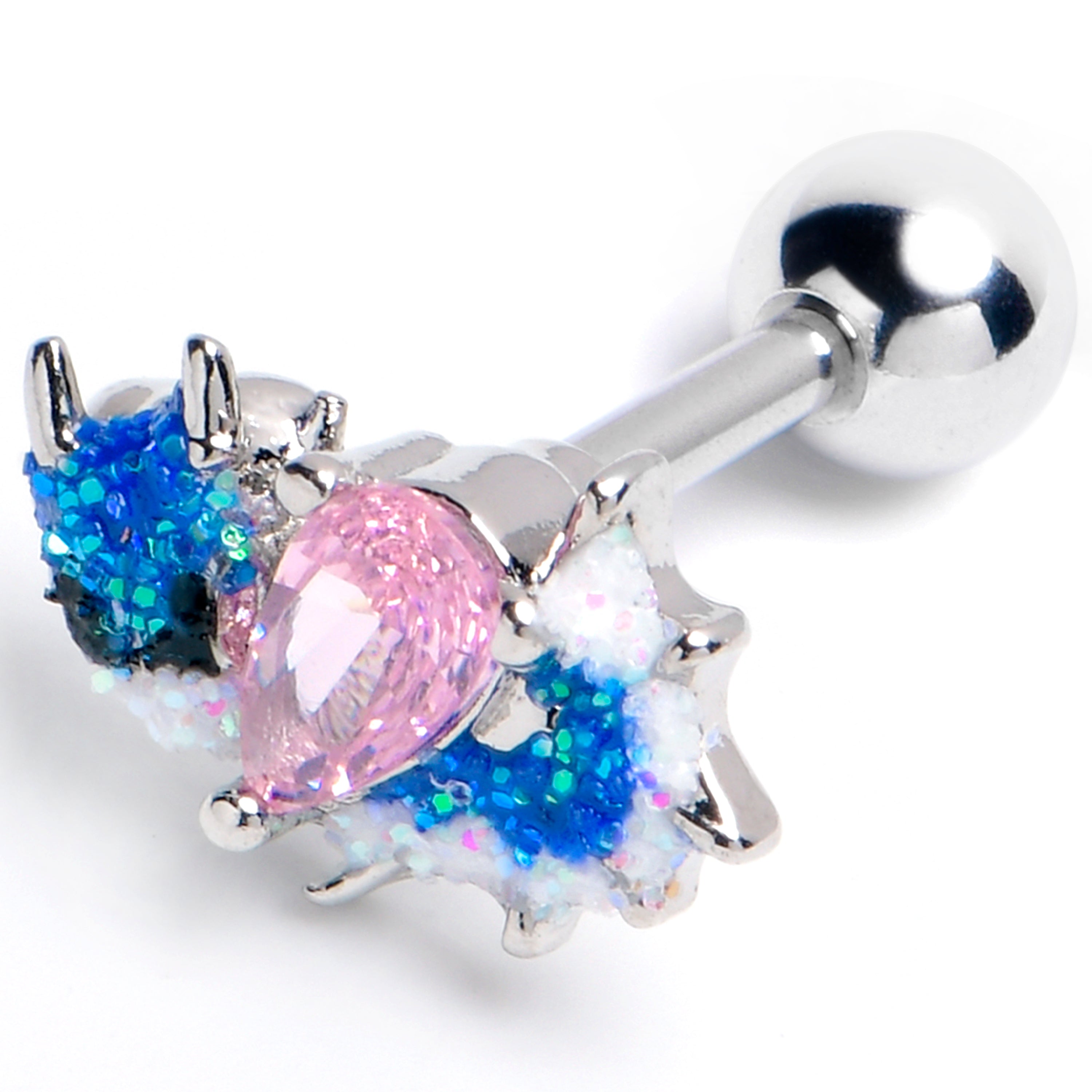 16G 1/4 Pink CZ Gem Sea Monster Glitter Blue Cartilage Tragus Earring