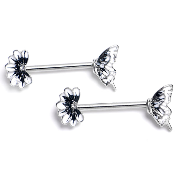 14 Gauge 9/16 Clear CZ Gem Butterfly Blossom Black Barbell Nipple Ring Set
