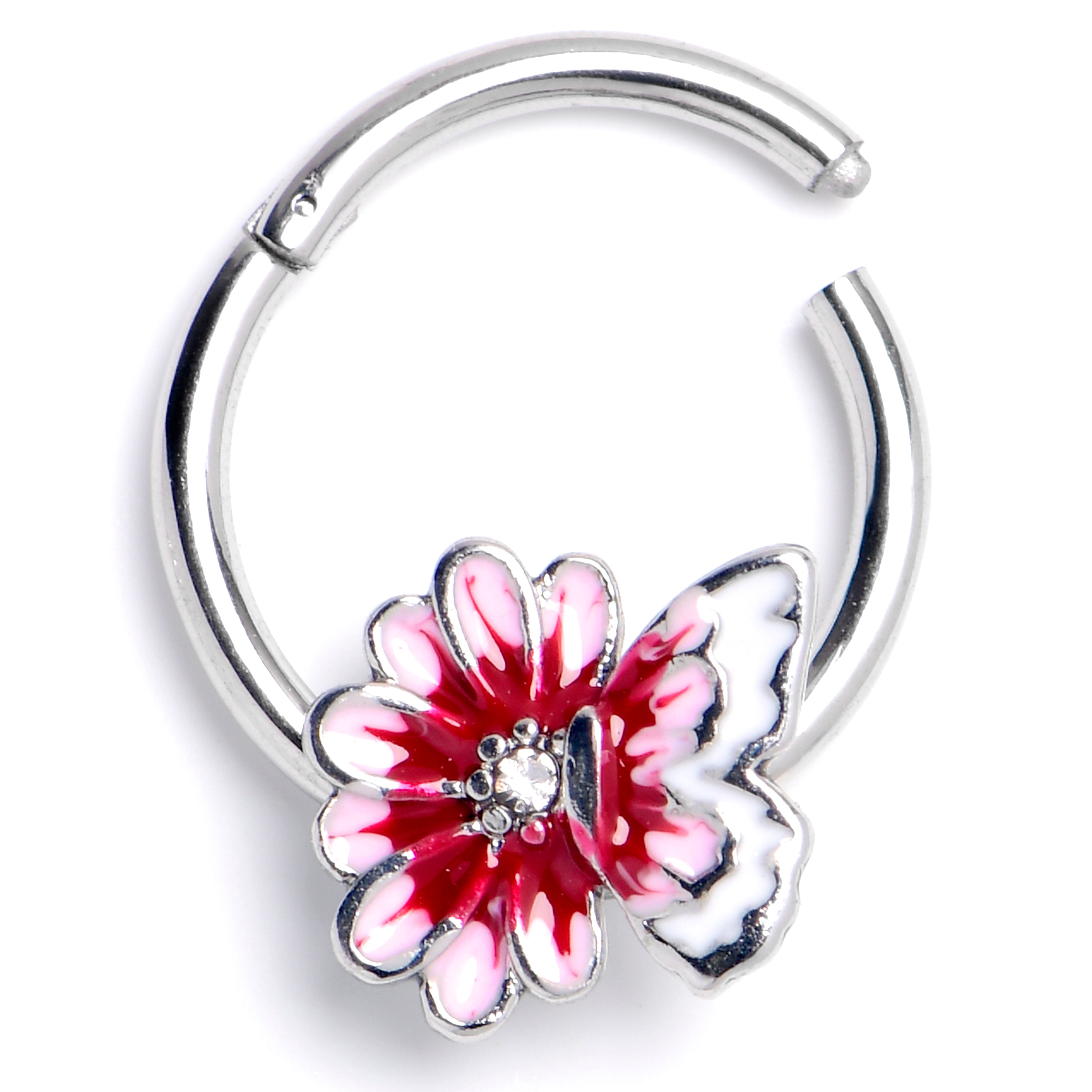 16G 3/8 Clear CZ Gem Butterfly Blossom Pink Hinged Segment Ring