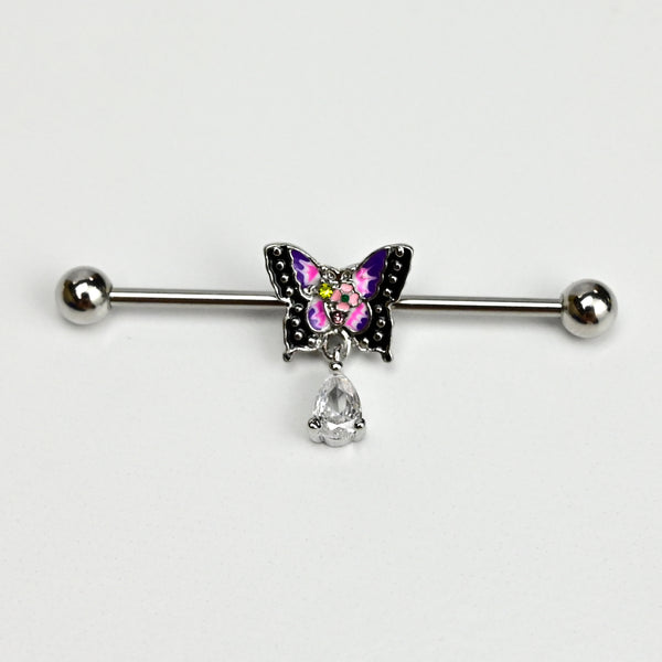 14 Gauge Clear Gem Colorful Butterfly Dangle Industrial Barbell 38mm