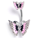Clear Gem Graceful Butterfly Pink Double Mount Belly Ring