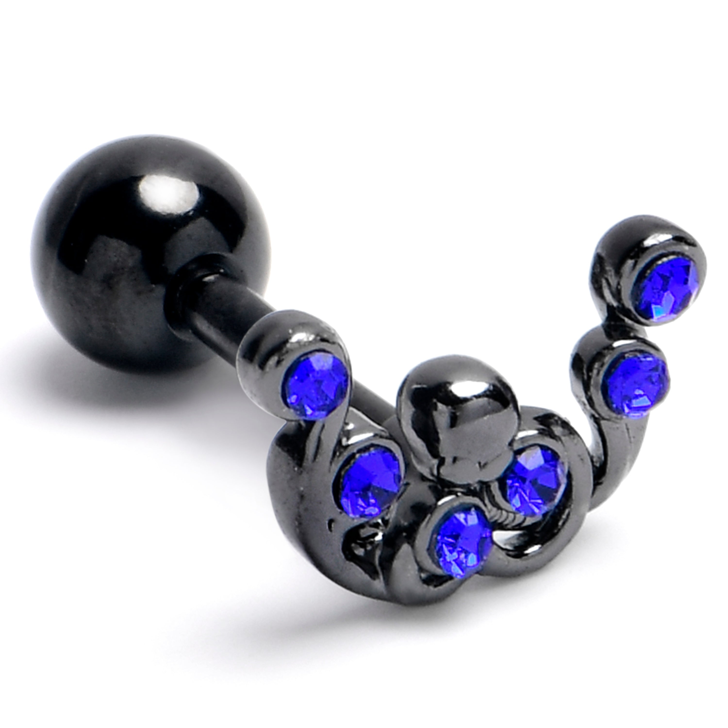 16G 1/4 Blue Gem Black Scrolling Elegance Cartilage Tragus Earring