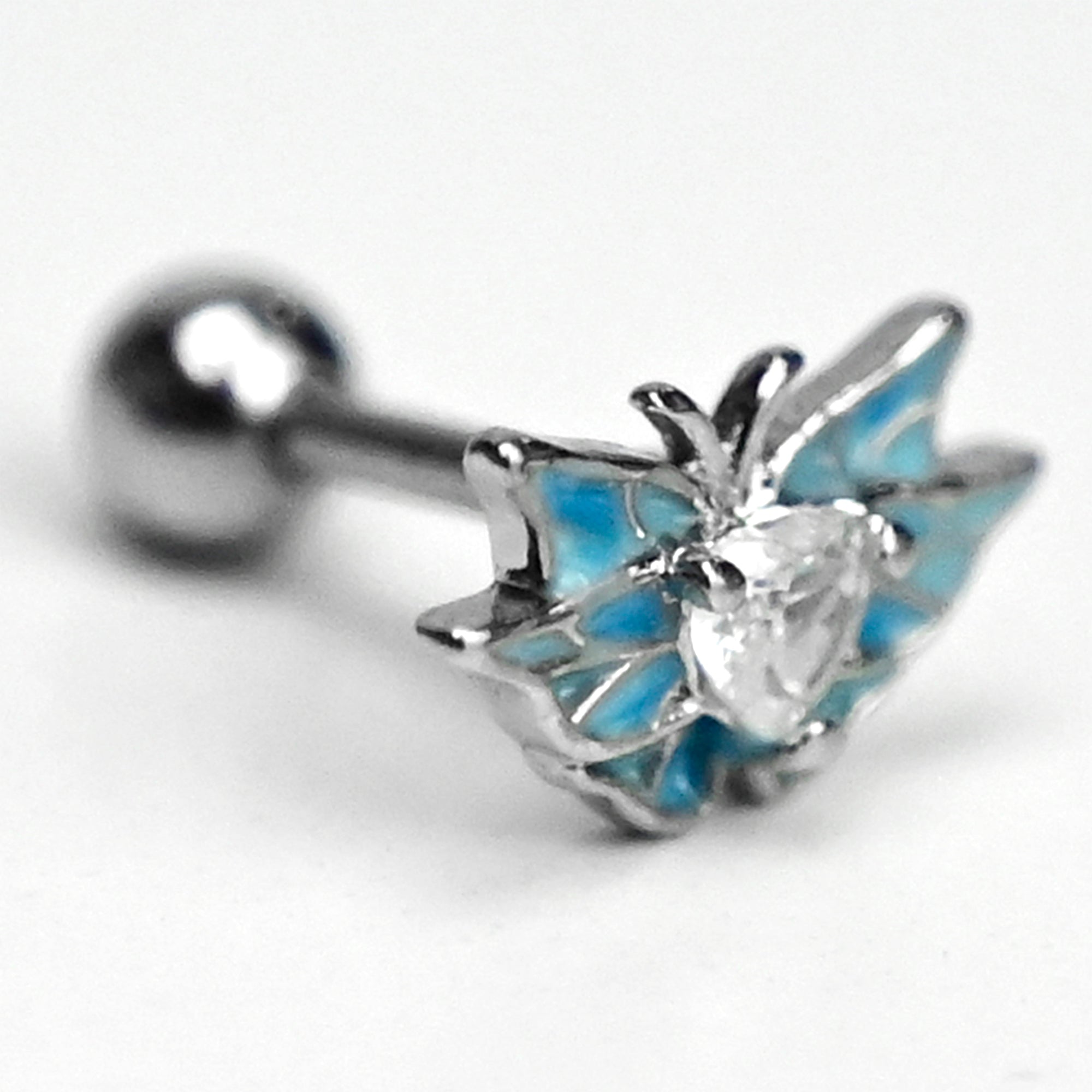 16G 1/4 Clear Gem Heart Butterflies Blue Cartilage Tragus Earring