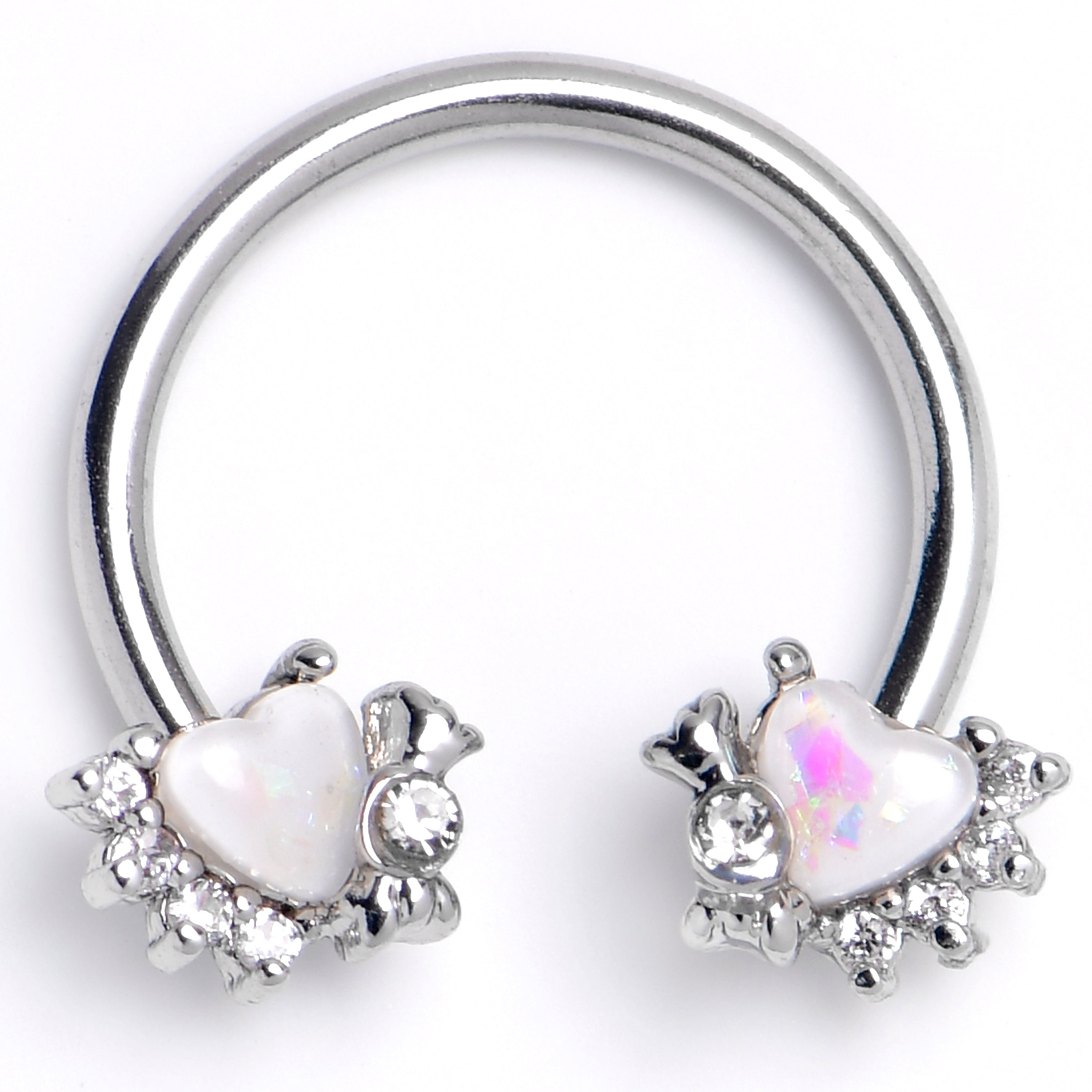 16G 3/8 White Faux Opal Sunny Heart Horseshoe Circular Barbell