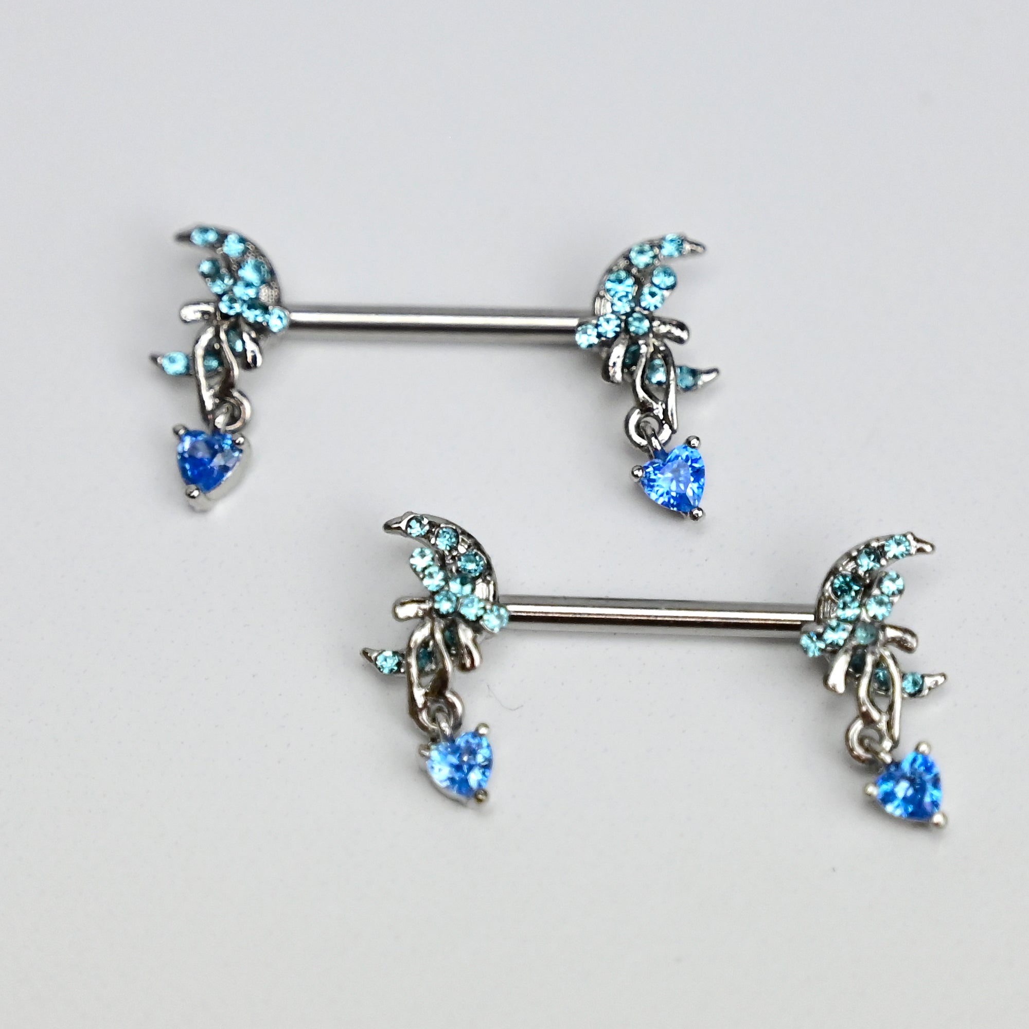 14G 9/16 Blue Gem Moon Bow Heart Dangle Nipple Ring Set