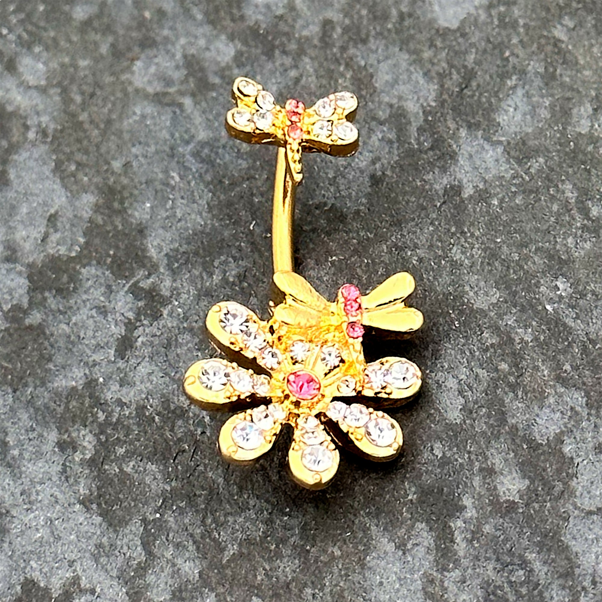 Clear Pink Gem Gold Tone Flower Bug Double Mount Belly Ring