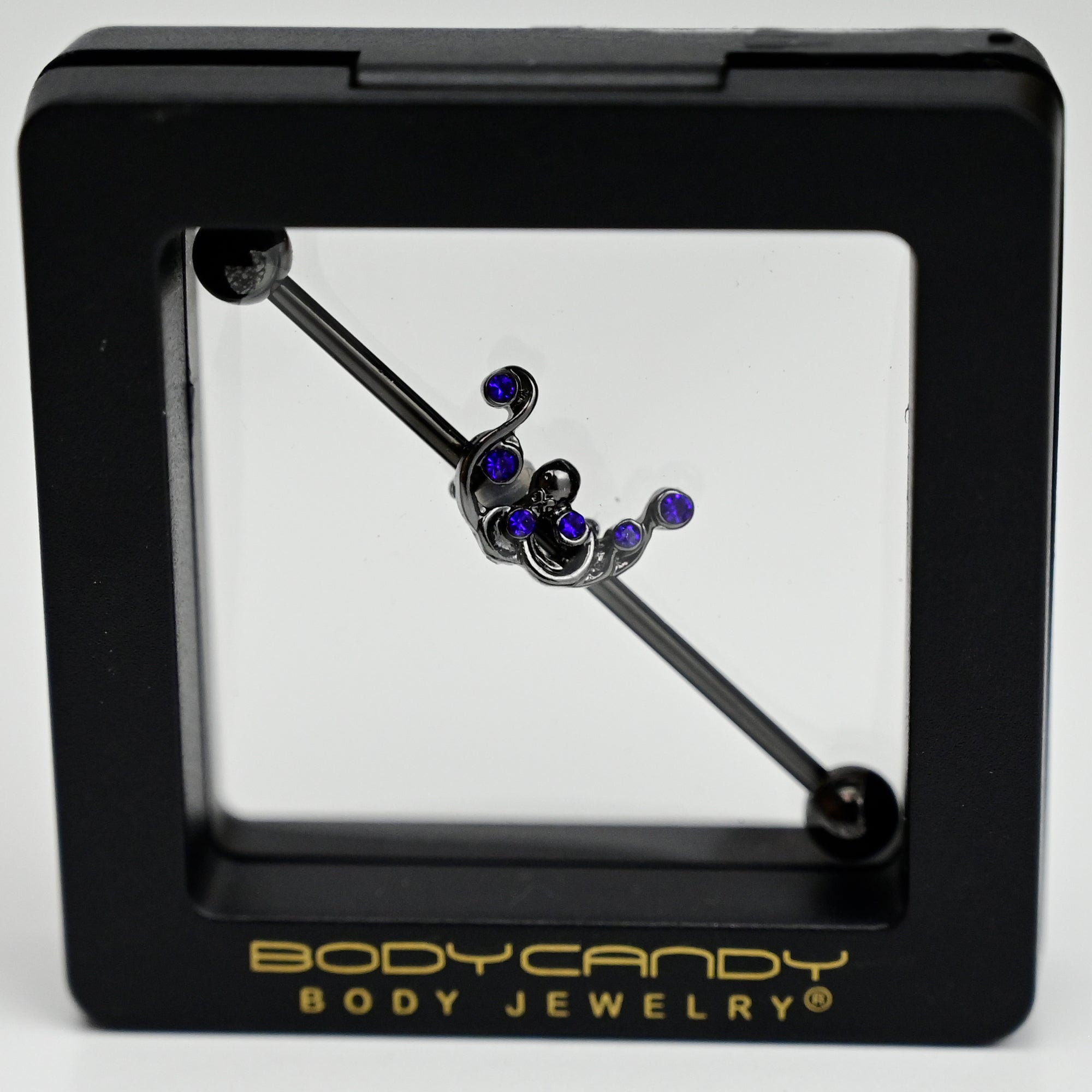 14G Blue Gem Black Scrolling Elegance Industrial Barbell 38mm