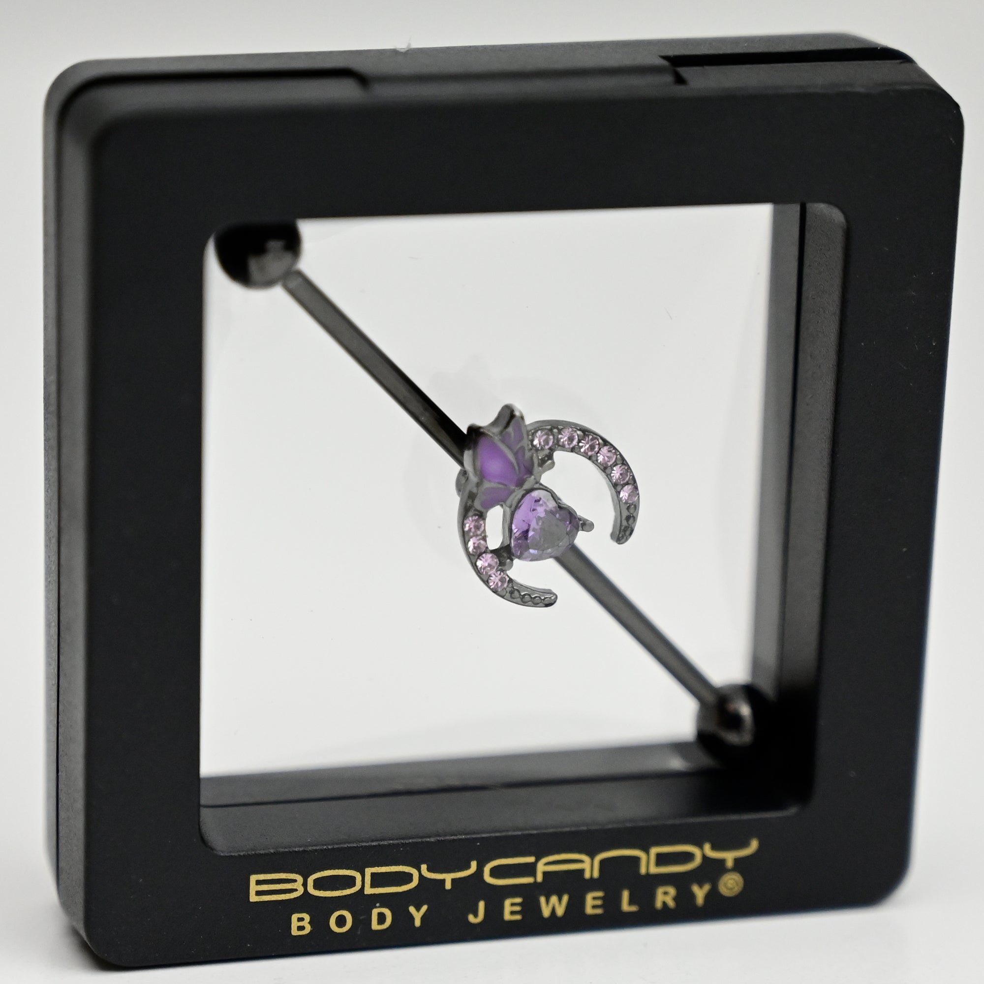 14G Purple Gem Black Moon Butterfly Heart Industrial Barbell 38mm