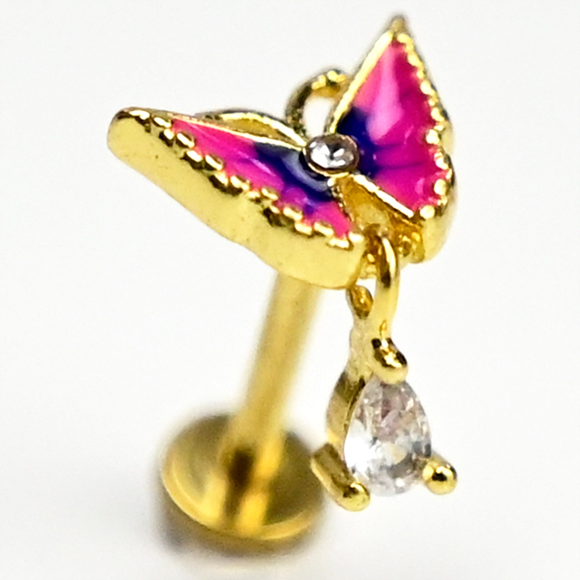 16G 5/16 Clear Gem Gold Tone Butterfly Pink Dangle Labret Tragus