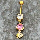 Clear Pink CZ Gem Gold Tone Fanciful Fish Dangle Belly  Ring