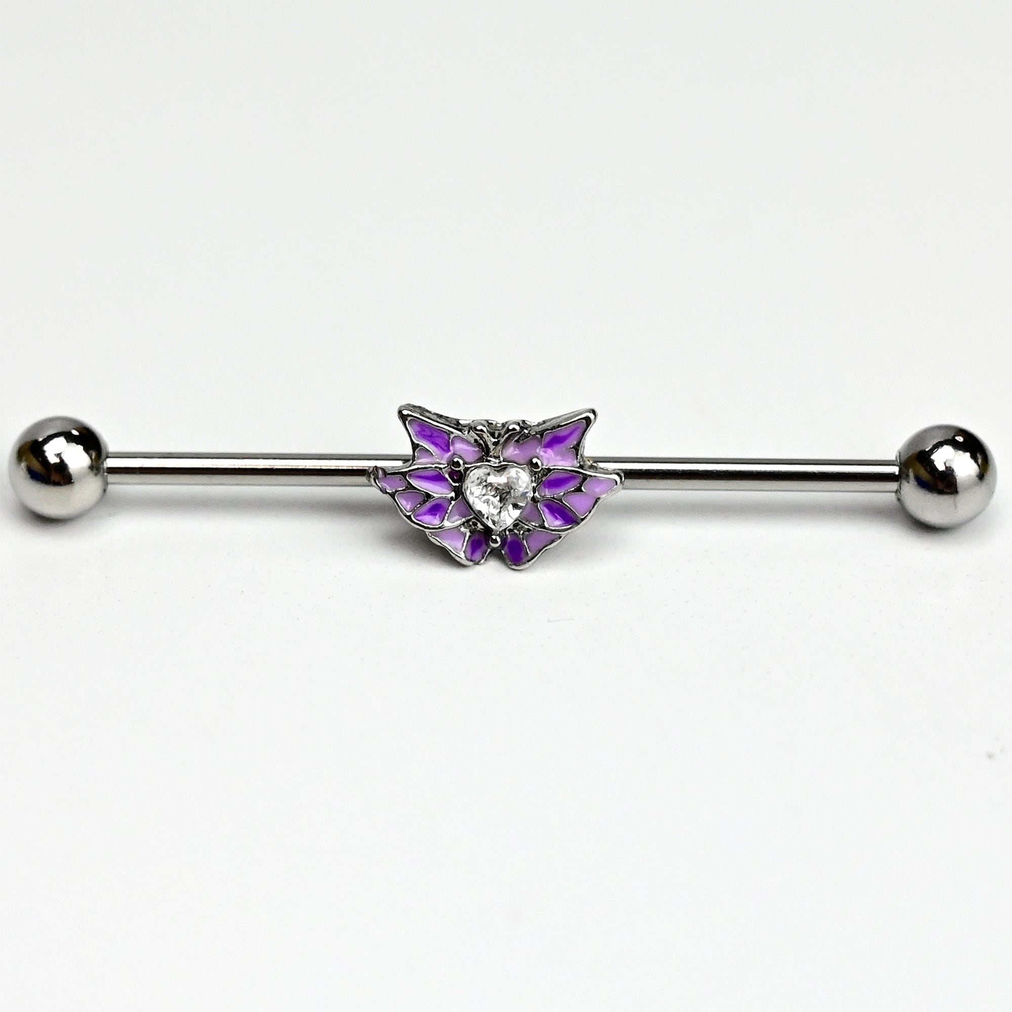 14G Clear Gem Heart Butterfly Purple Wings Industrial Barbell 38mm