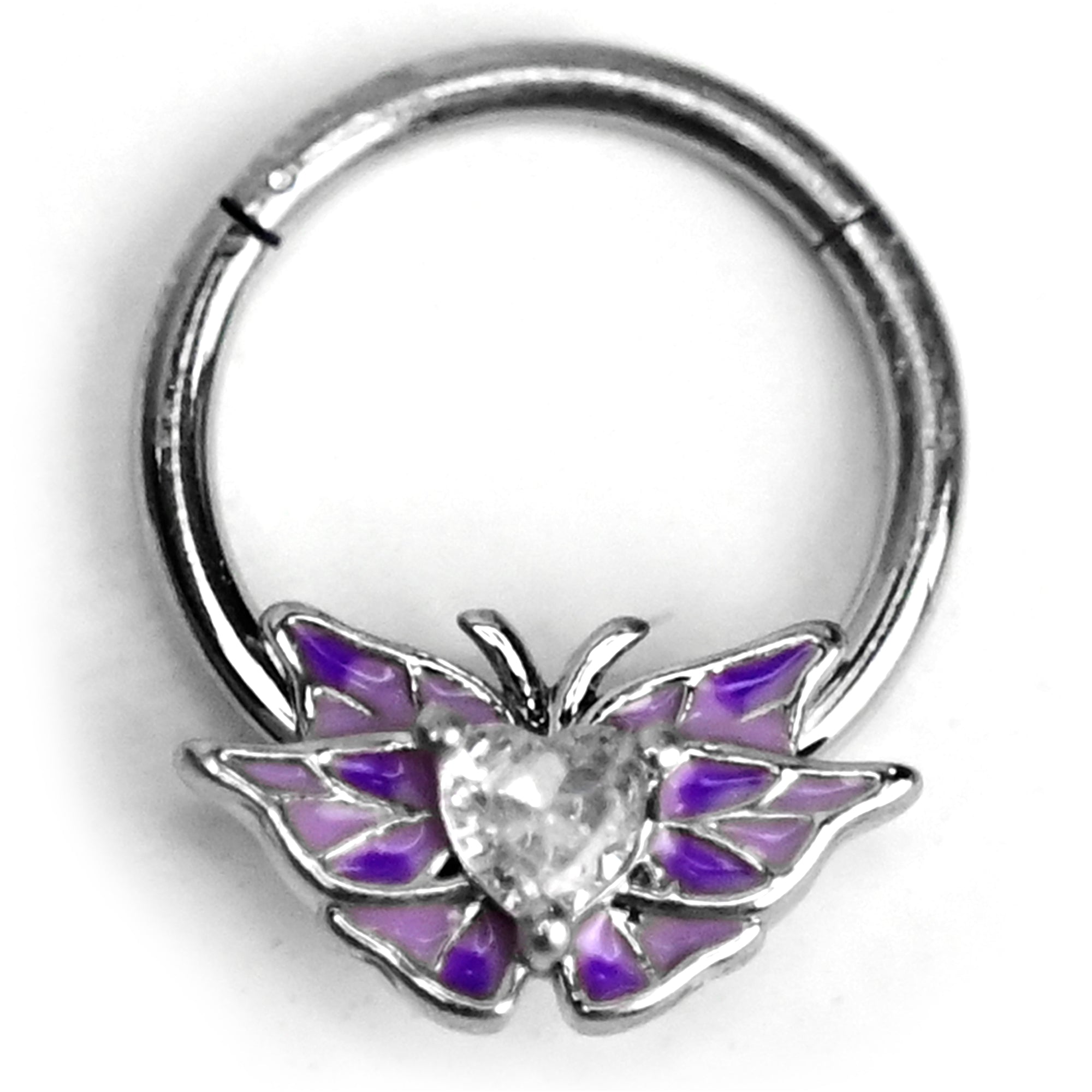 16G 3/8 Clear Gem Heart Butterfly Purple Hinged Segment Ring
