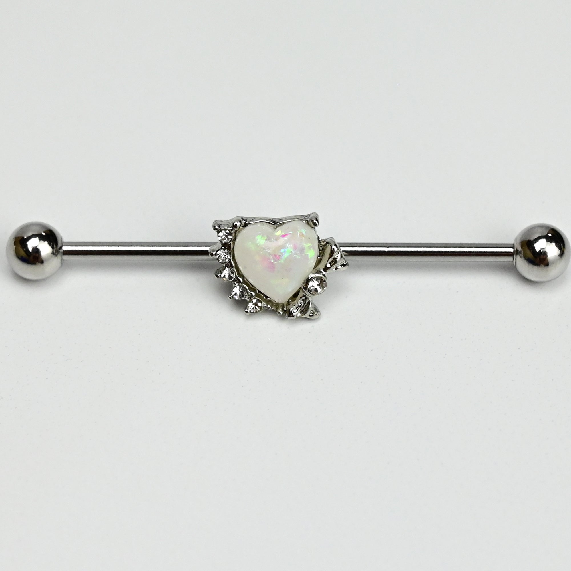 14G White Faux Opal Sunny Heart Industrial Barbell 38mm
