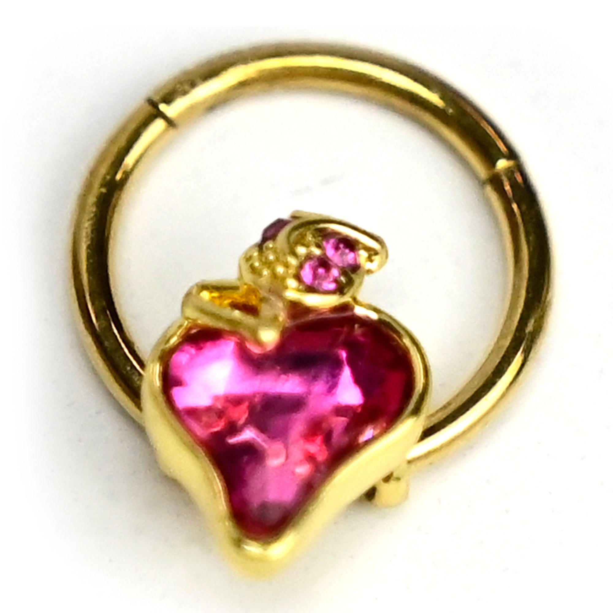 16G 3/8 Pink Gem Gold Tone Strawberry Love Hinged Segment Ring