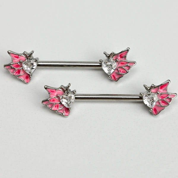 14 Gauge 9/16 Clear Gem Heart Butterfly Pink Barbell Nipple Ring Set