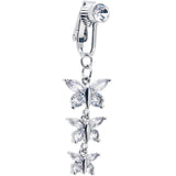 Clear CZ Gem Butterfly Strand Dangle Clip on Fake Belly Ring
