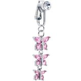Pink CZ Gem Butterfly Strand Dangle Clip on Fake Belly Ring