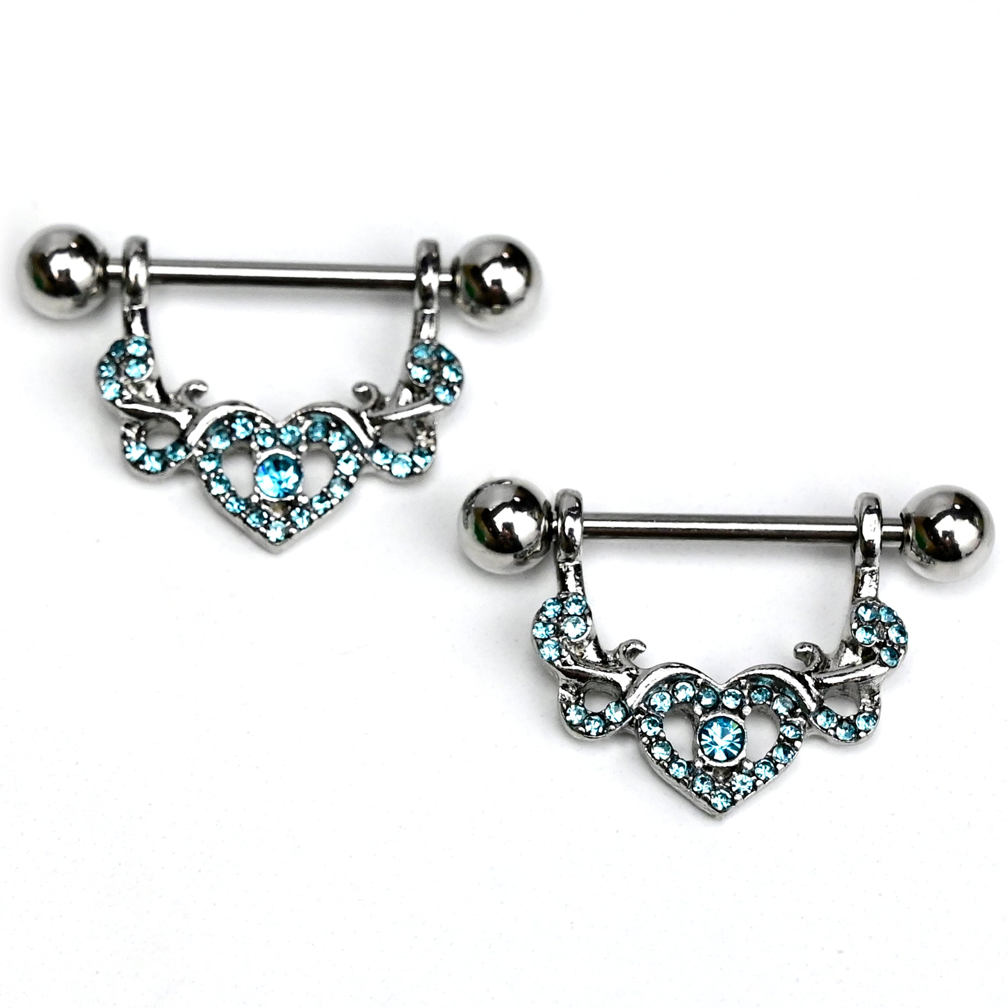 14G 9/16 Blue Gem Seeing Heart Dangle Nipple Ring Set