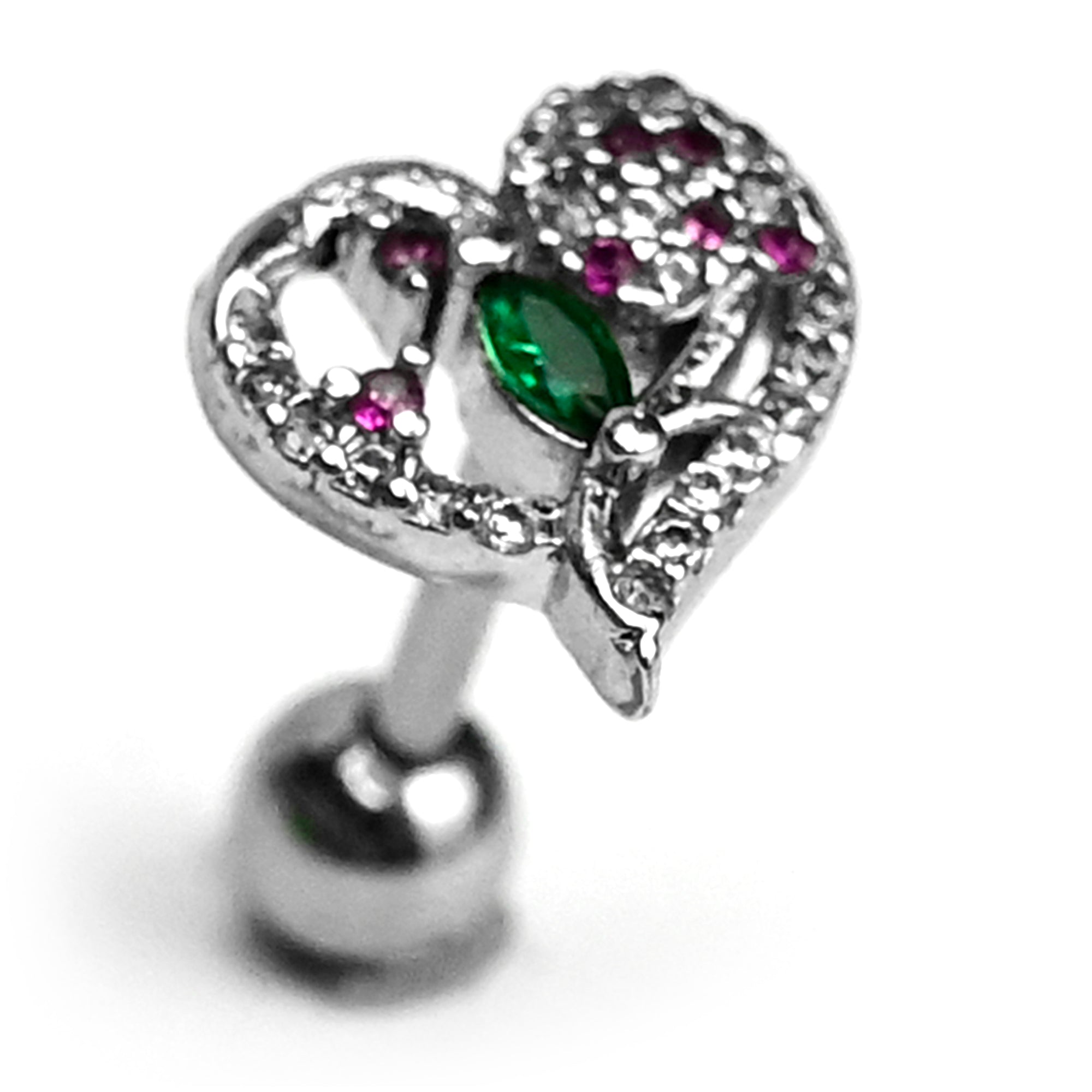 16G 1/4 Emerald Passion Gem Heart Cartilage Tragus Earring