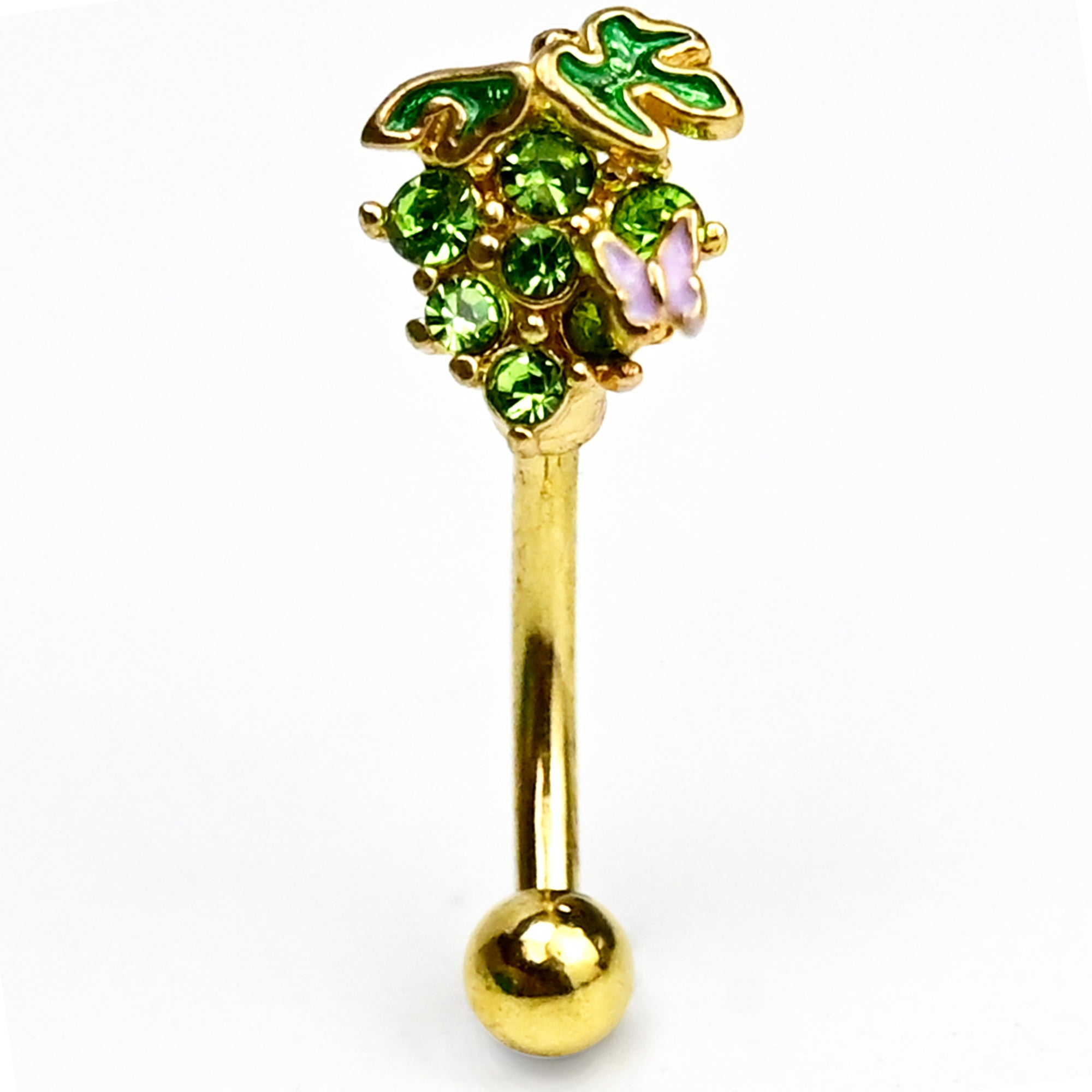 16G 5/16 Green Gem Gold Tone Butterfly Grapes Curved Eyebrow Ring