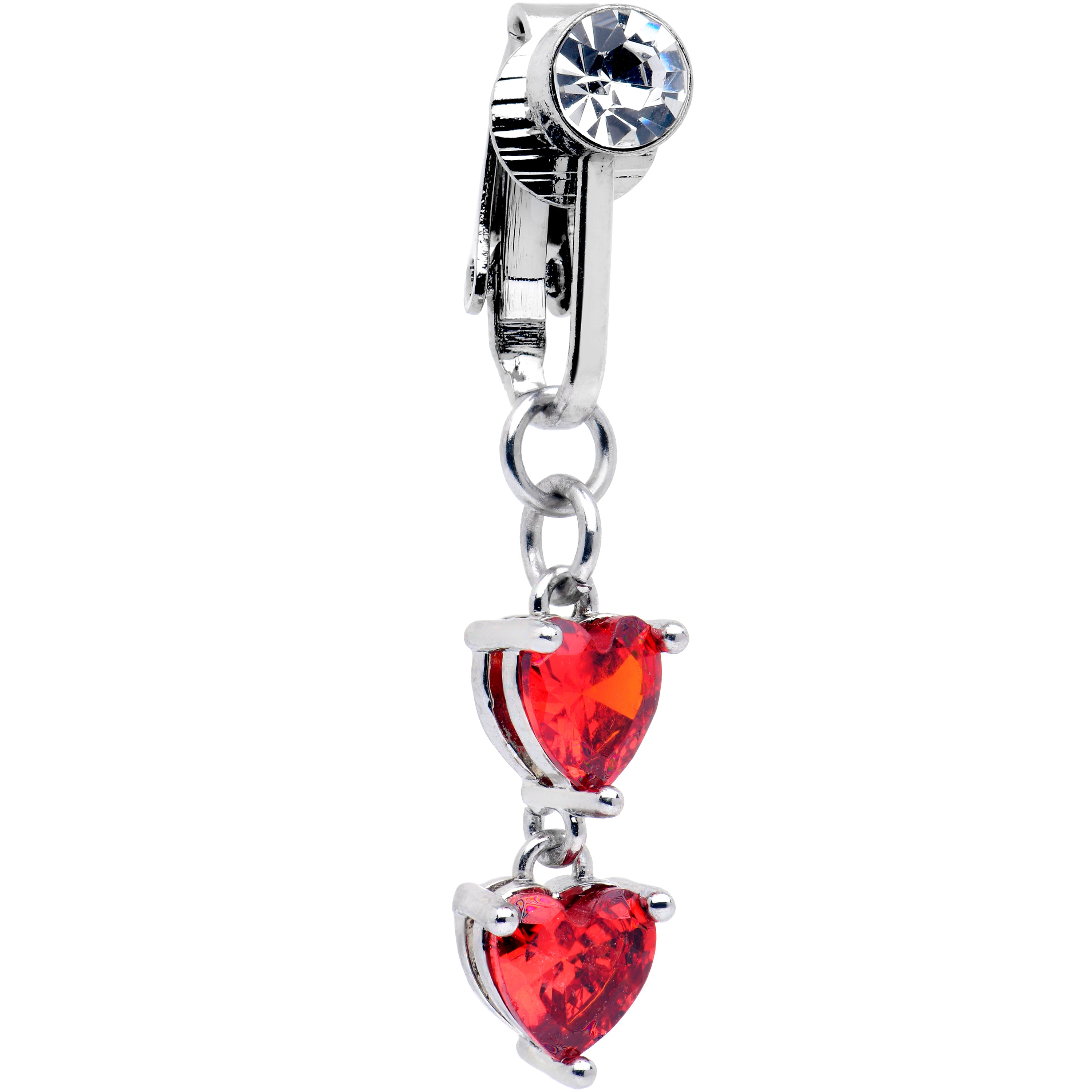 Red CZ Gem Hearts Dangle Clip on Fake Belly Ring