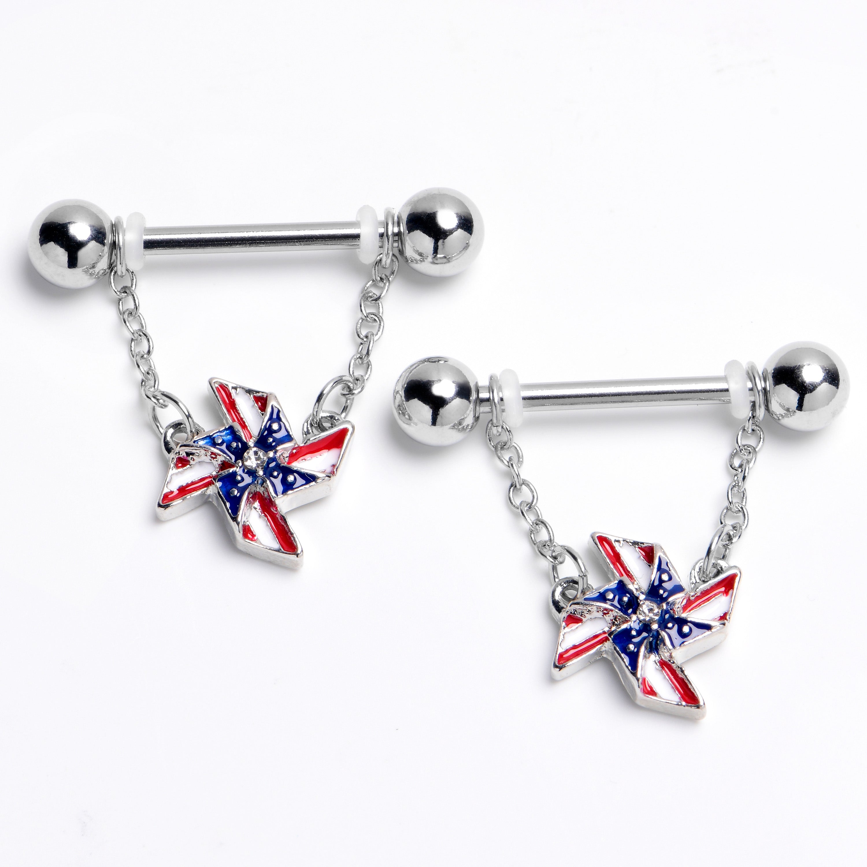 14G 9/16 Clear Gem Festive Patriot Pinwheel Dangle Nipple Ring Set