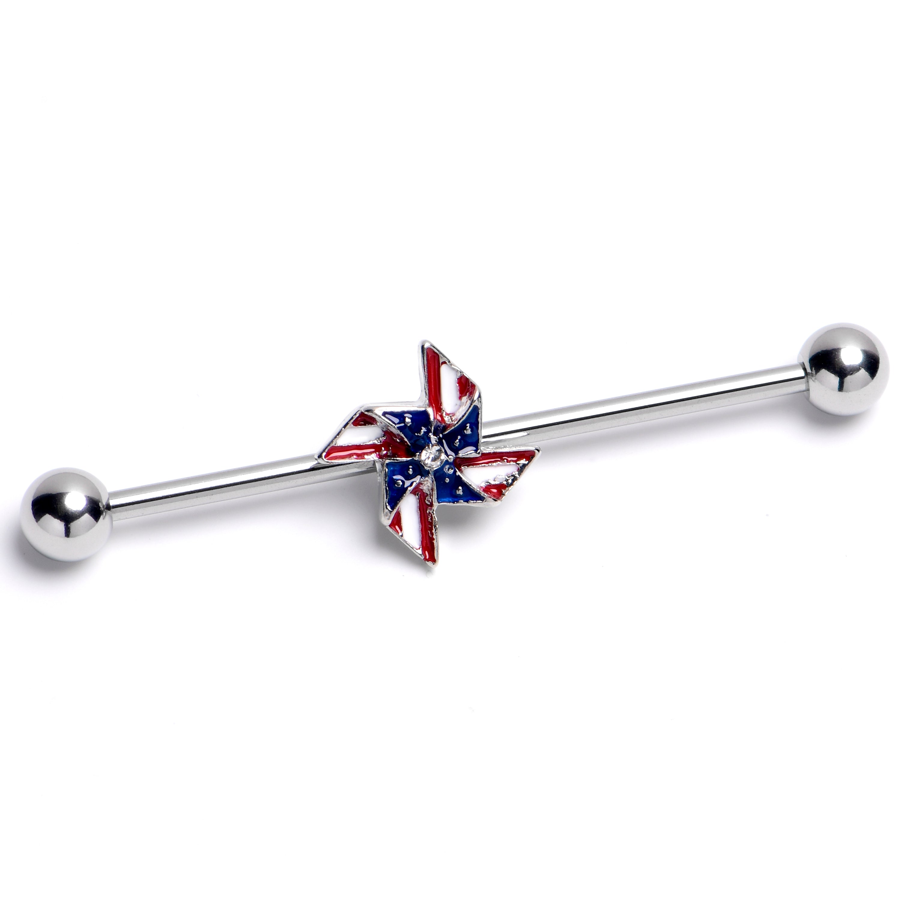 14G Clear Gem Festive Patriot Pinwheel Industrial Barbell 38mm