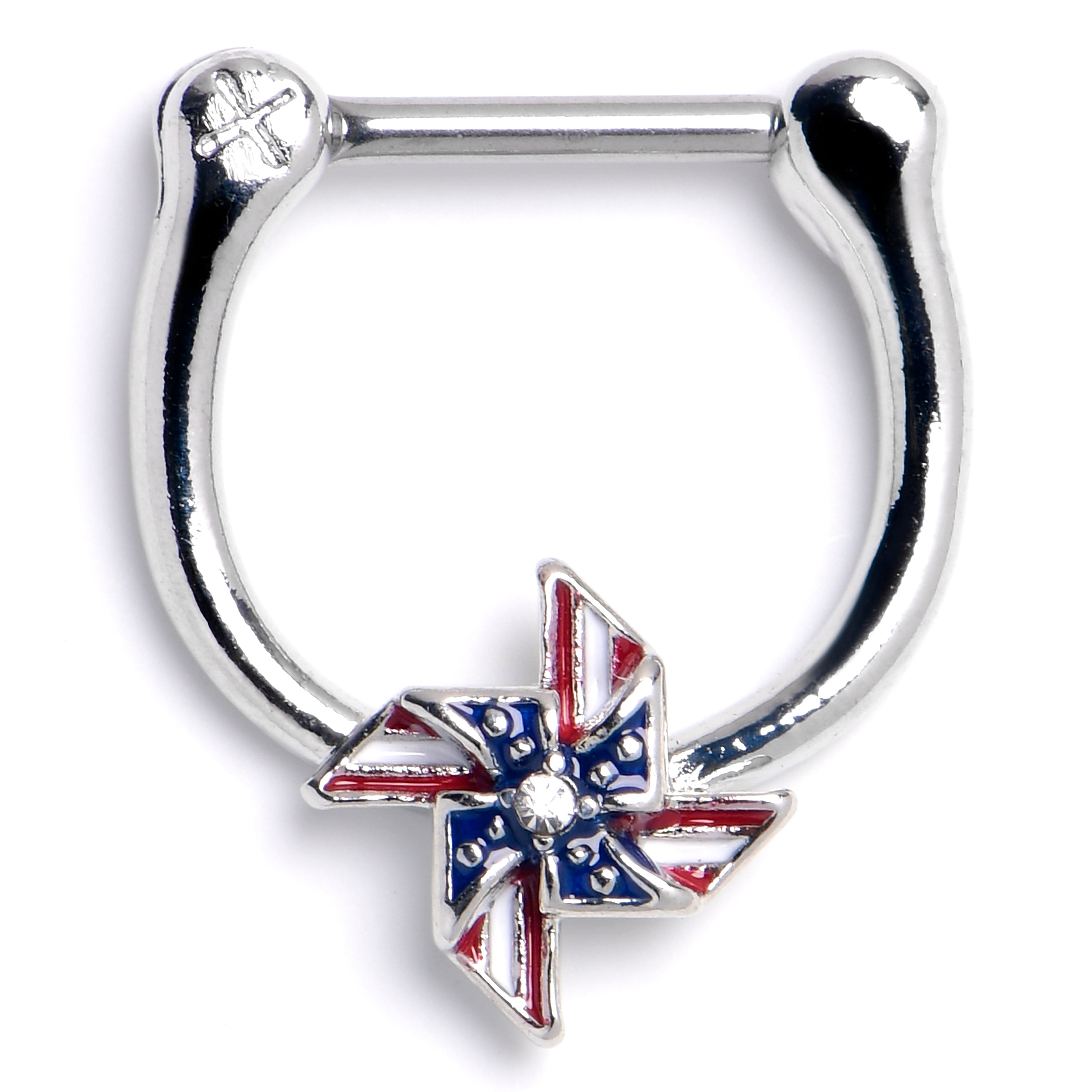 16G 5/16 Clear Gem Festive Patriotic Pinwheel Cartilage Clicker